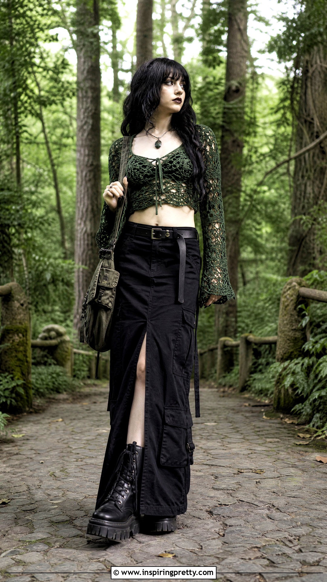Green Crochet Top With Black Cargo Skirt - 50 goth crochet top outfit ideas