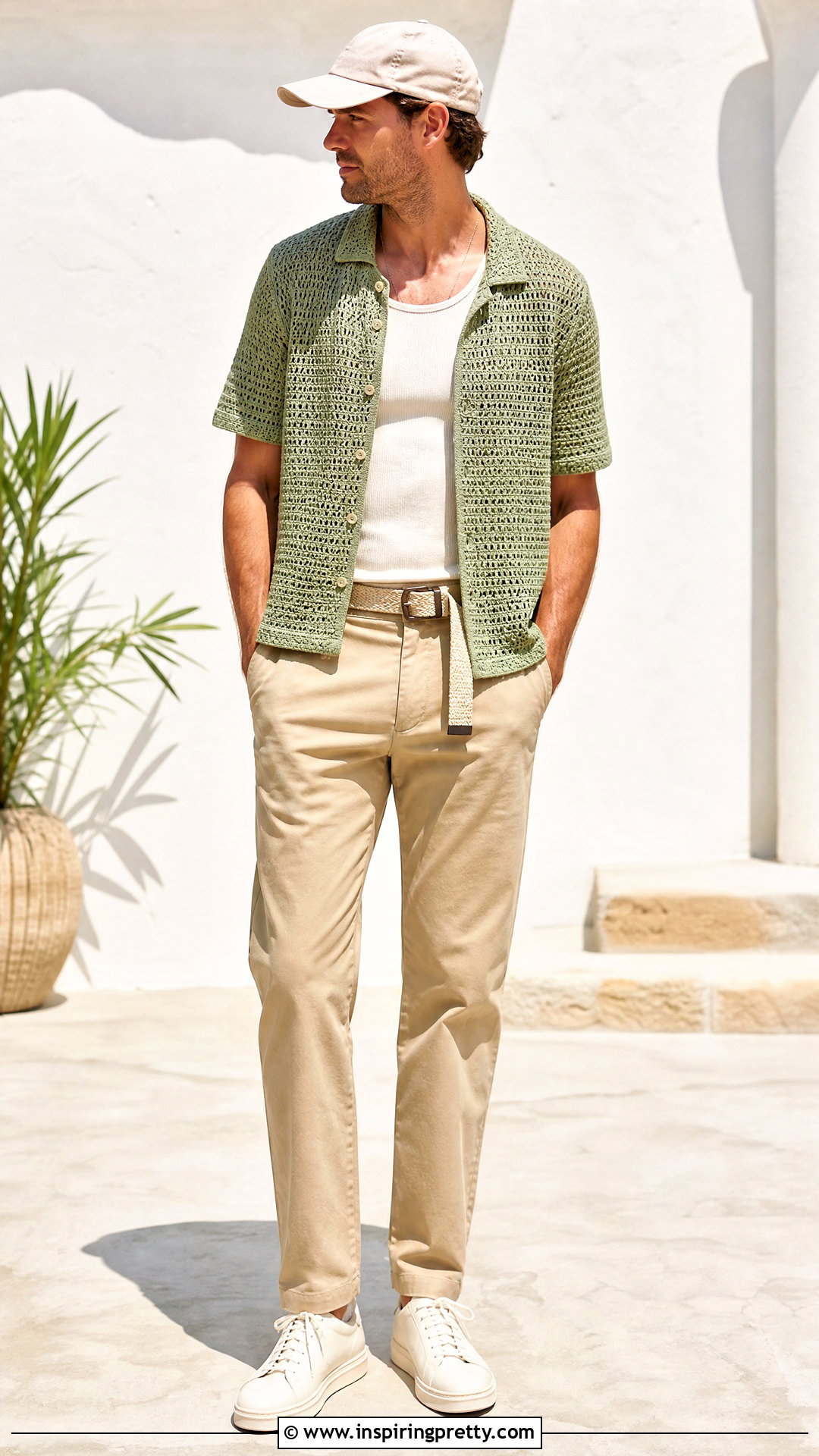 Green Crochet Top With Khaki Chinos - 50 crochet top for men outfit ideas