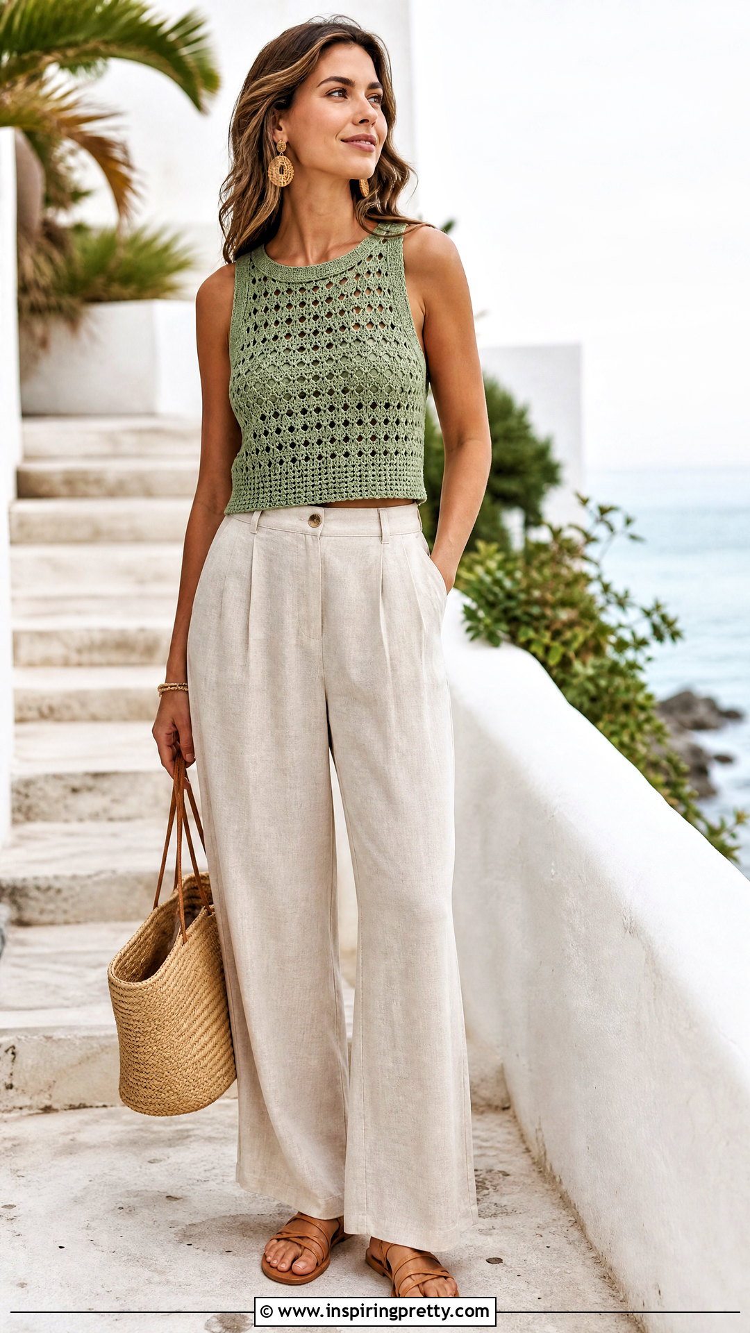 Green Crochet Top With Linen Pants - 20 Green Top Fashion Trend outfit ideas
