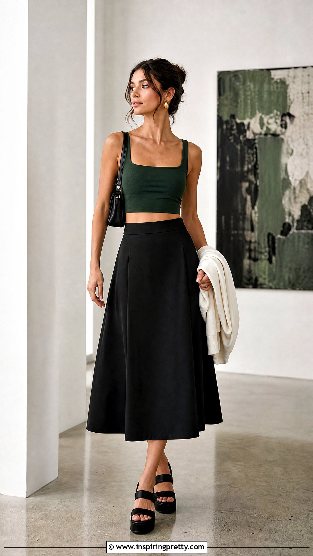 Green Crop Tank Top With Black Midi Skirt - 25 green crop tank top outfit ideas