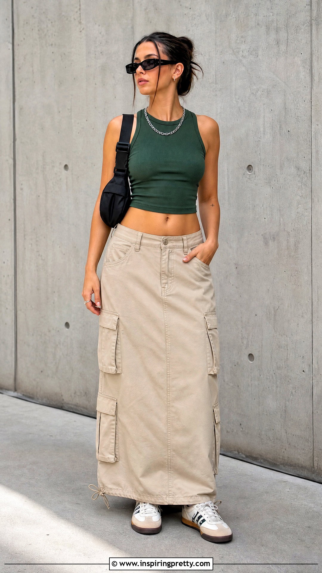 Green Crop Tank Top With Cargo Maxi Skirt - 25 green crop tank top outfit ideas