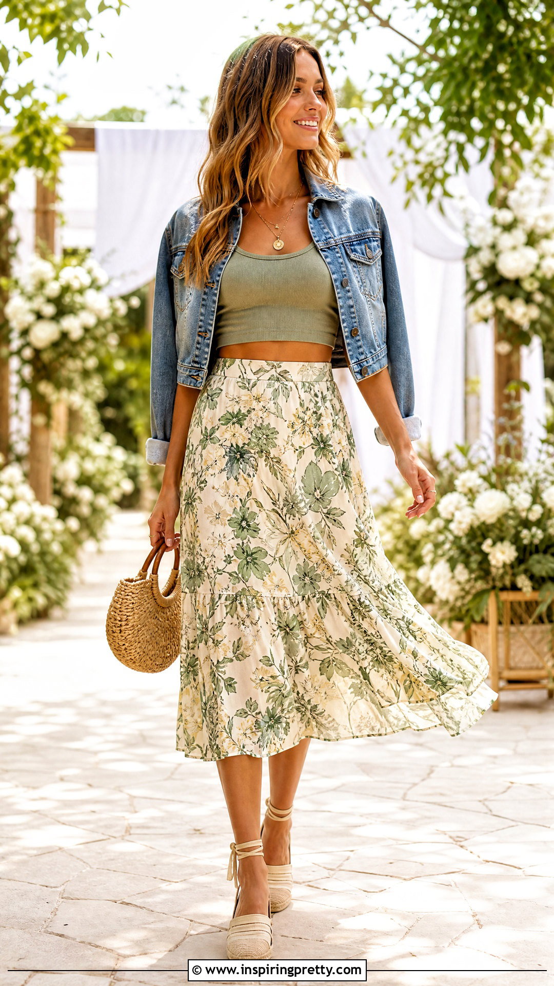 Green Crop Tank Top With Floral Midi Skirt - 25 green crop tank top outfit ideas