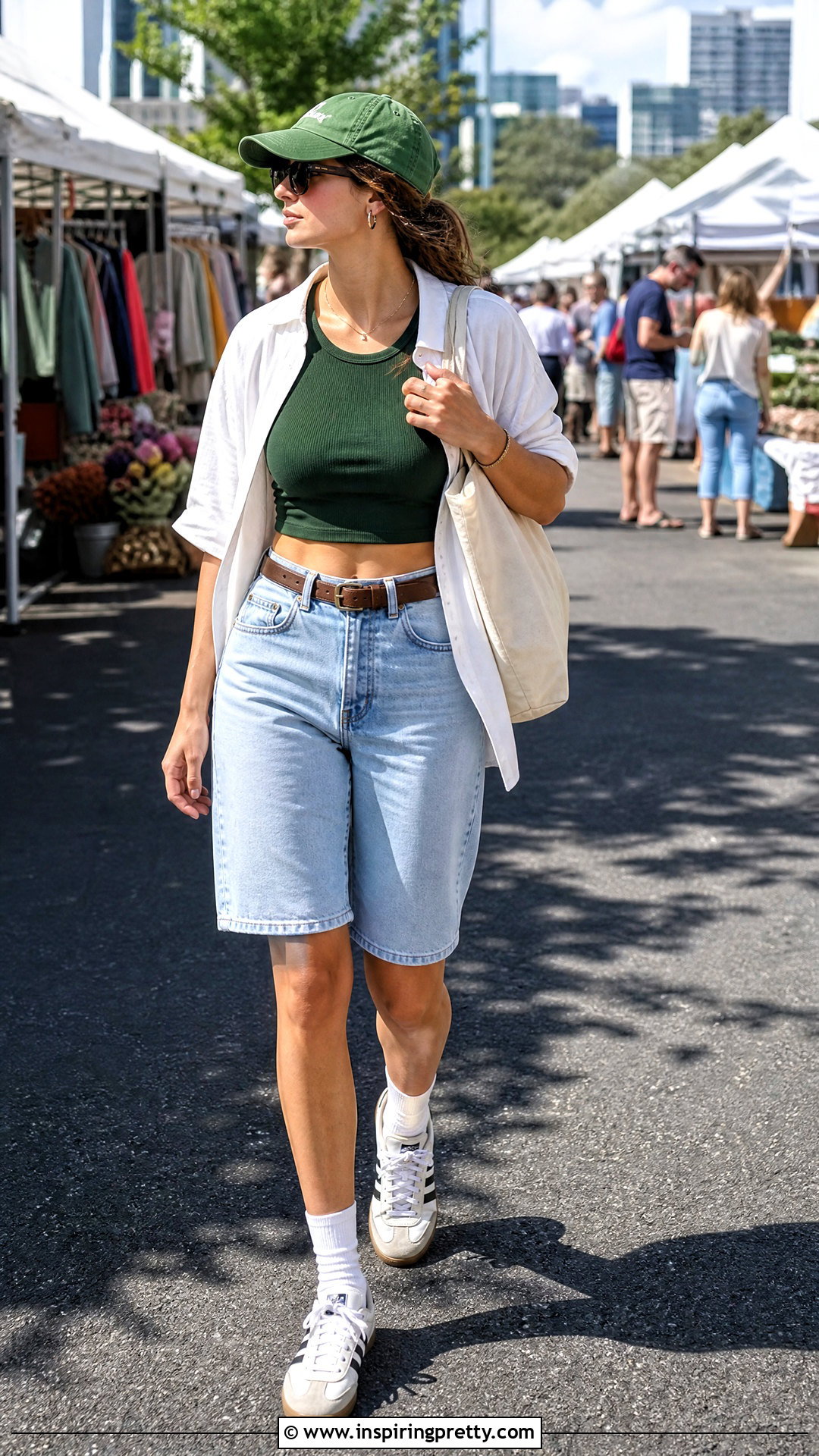 Green Crop Tank Top With Long Denim Shorts - 25 green crop tank top outfit ideas
