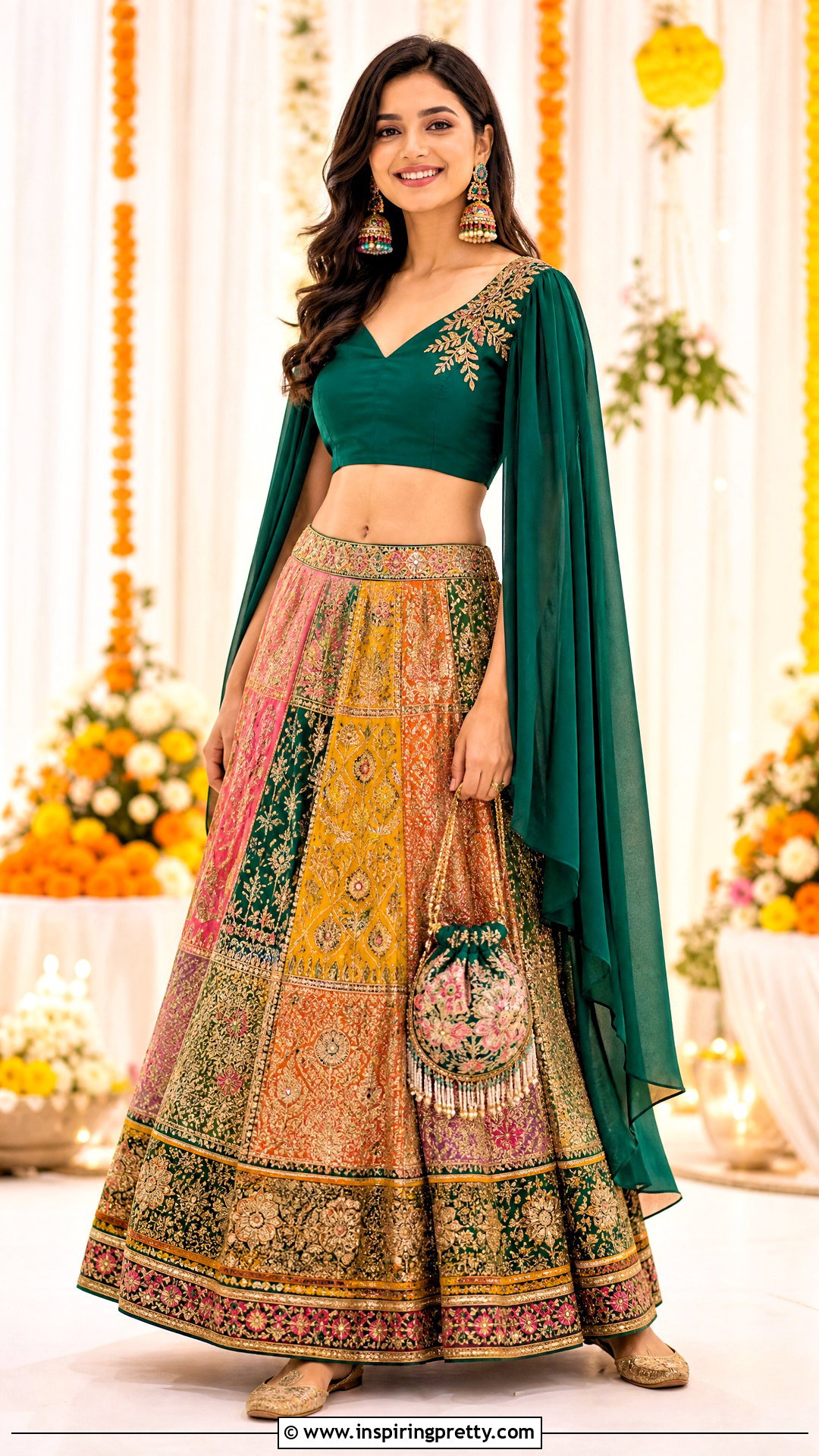 Green Crop Top And Multicolor Embroidered Skirt - 25 crop top and skirt indian party wear for women outfit ideas