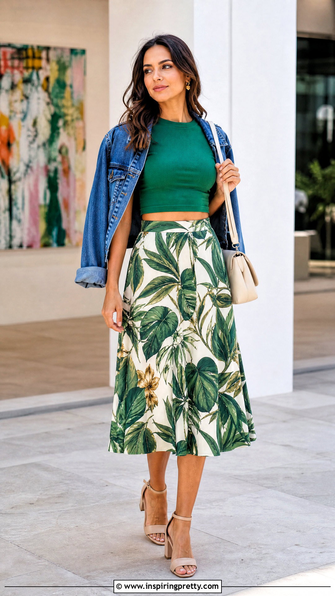 Green Crop Top And Printed Midi Skirt Outfit - 50 Crop Top Skirt outfits