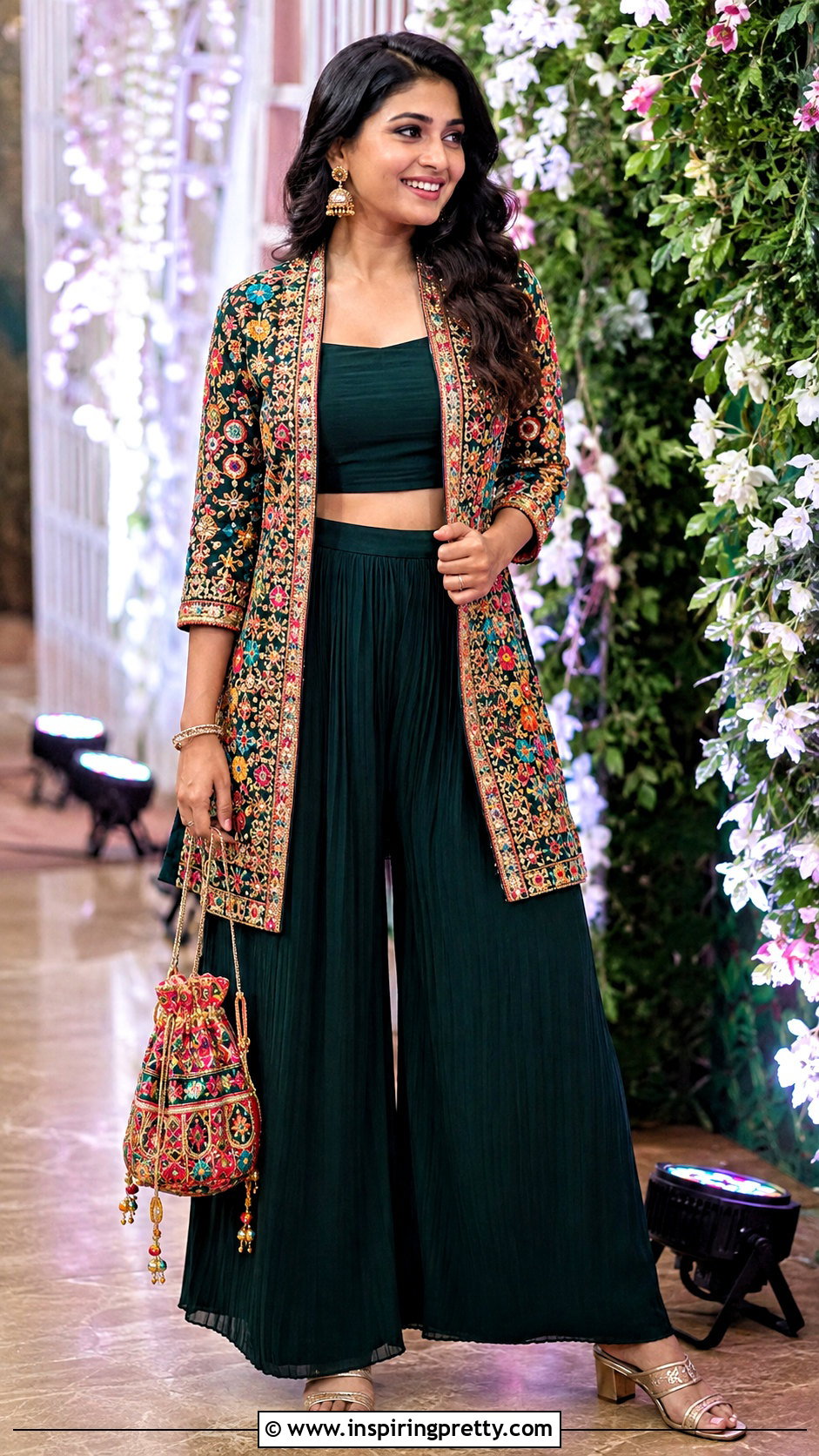 Green Crop Top Palazzo With Multicolor Jacket - 25 crop top palazzo with jacket indian outfit ideas