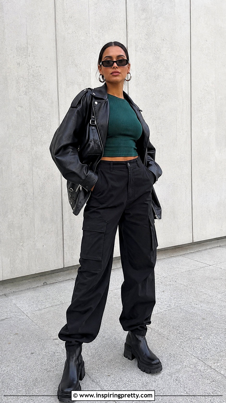 Green Crop Top With Black Leather Jacket And Cargo Pants - 25 Green Crop Top Jacket outfit ideas