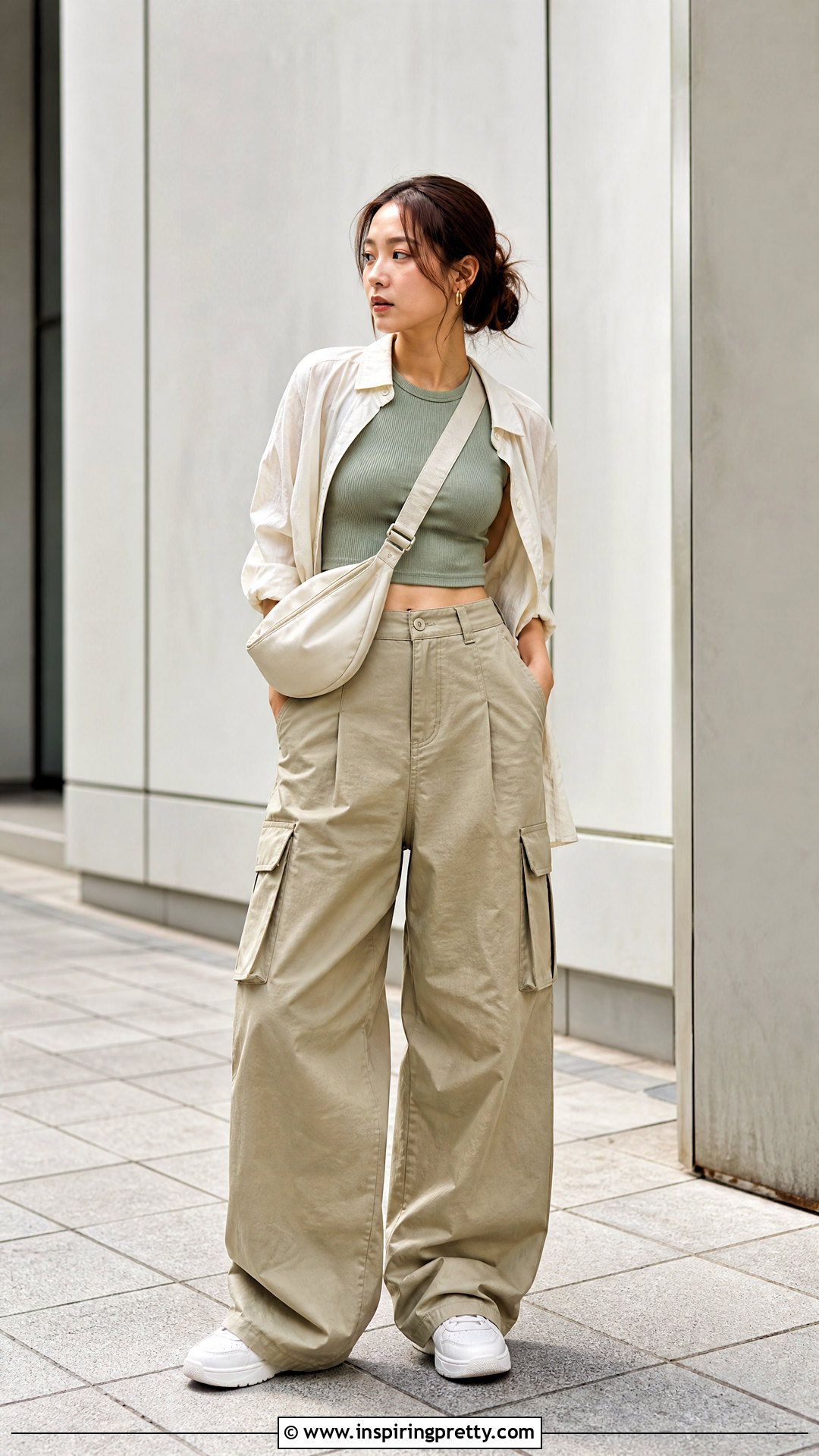 Green Crop Top With Khaki Cargo Pants Outfit - 50 crop top outfits korean styles