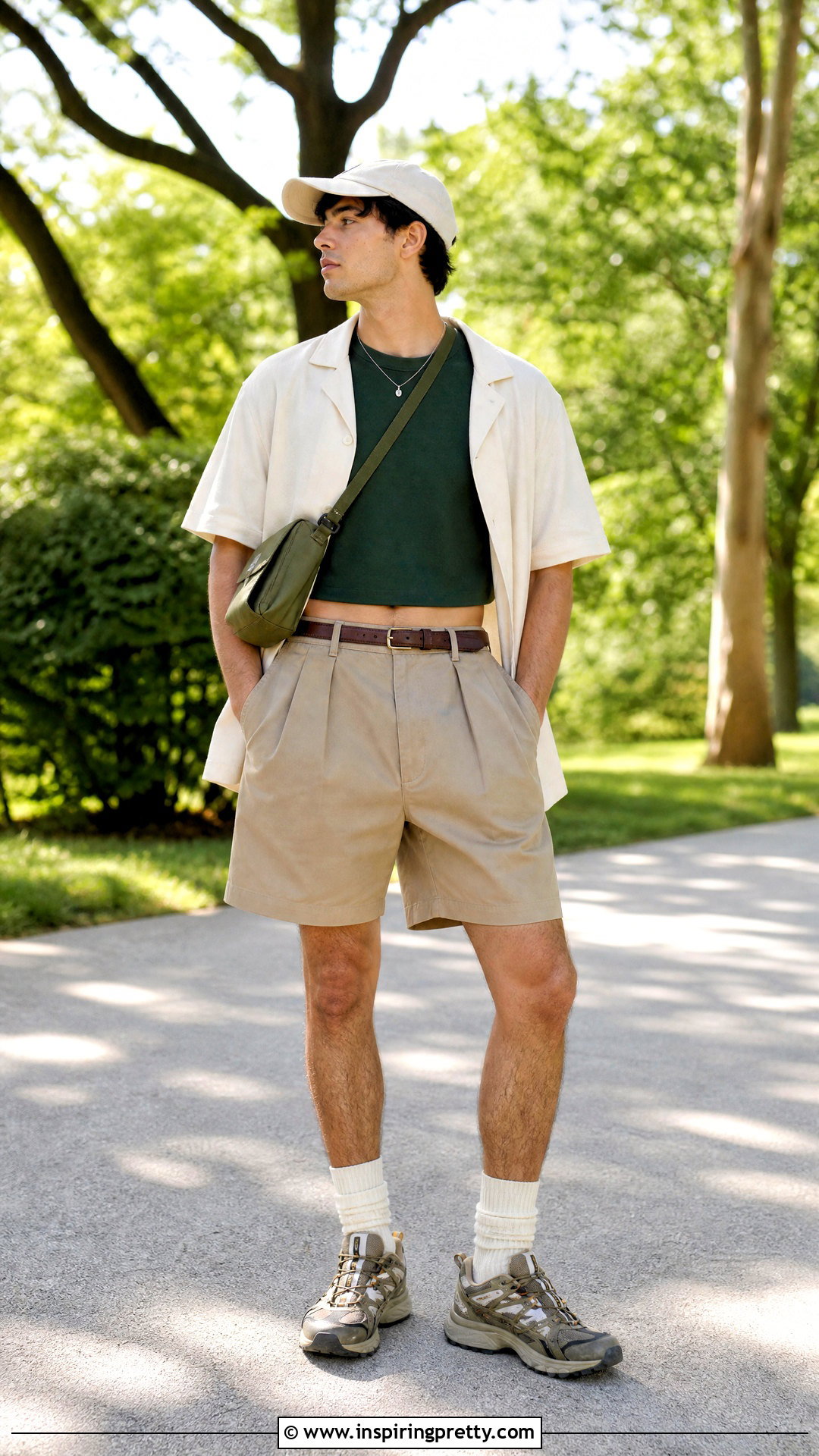 Green Crop Top With Khaki Shorts - 50 male crop top outfits