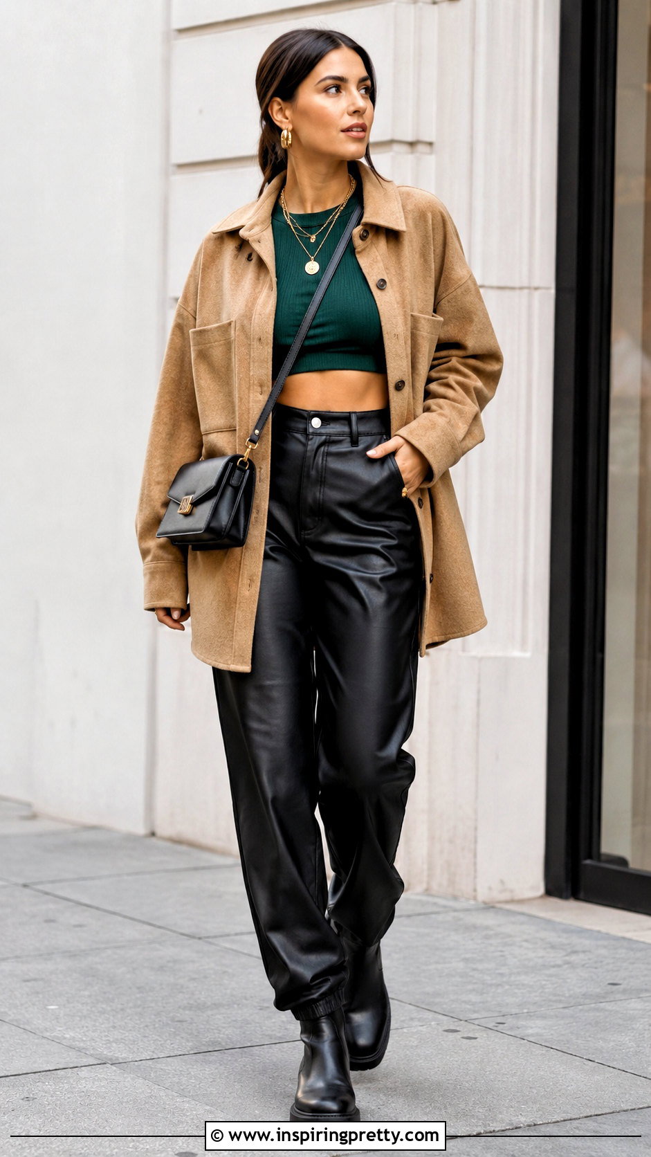 Green Crop Top With Shacket And Faux Leather Pants - 25 Green Crop Top Jacket outfit ideas