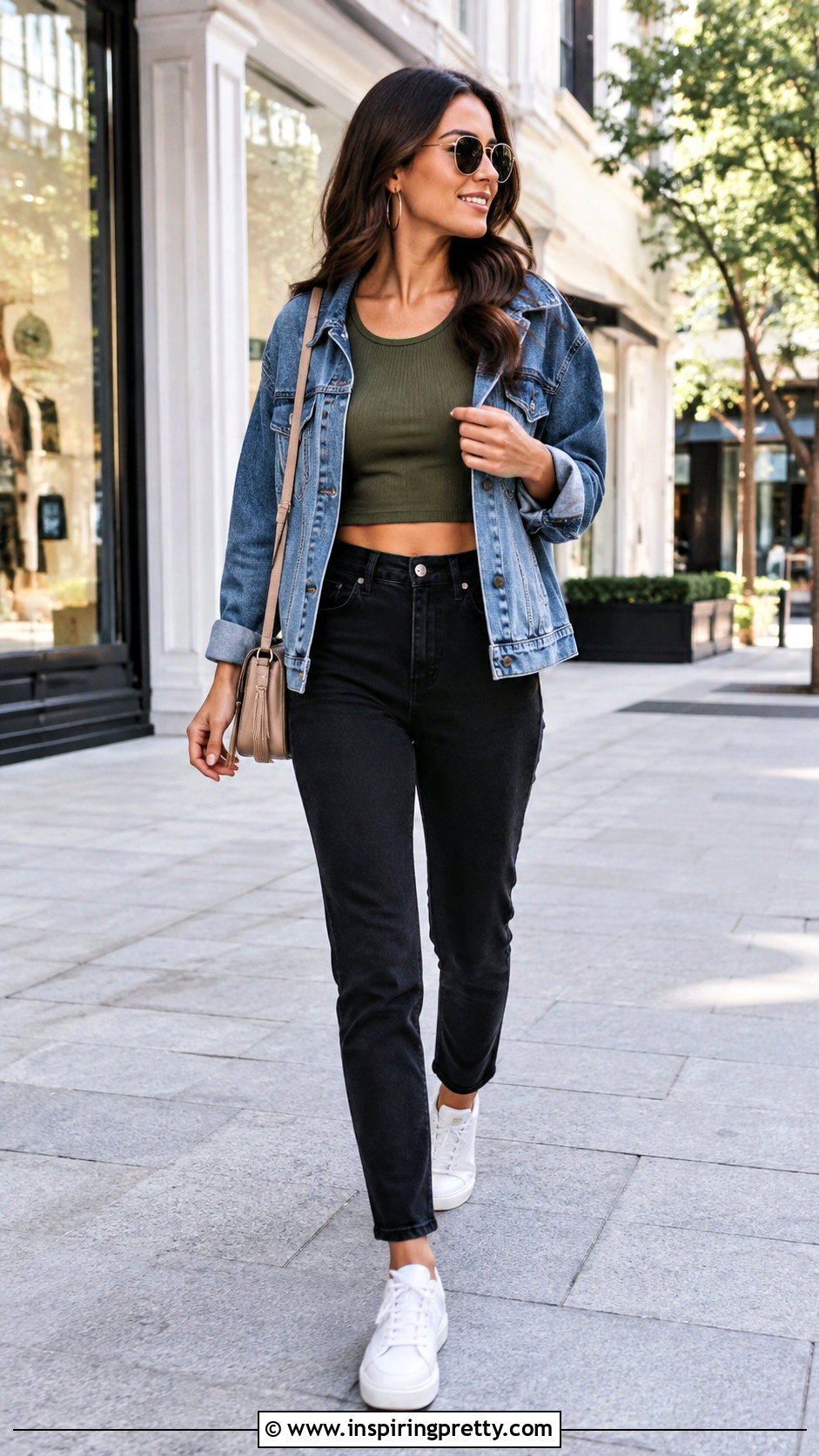 Green Crop Top With a Denim Jacket - 50 green crop top outfit ideas