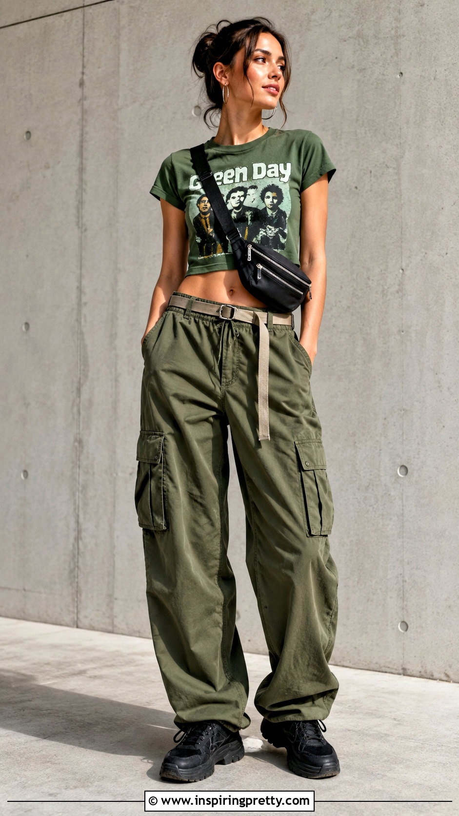 Green Day Crop Top With Baggy Cargo Pants - 25 Green Day Crop Top outfit ideas