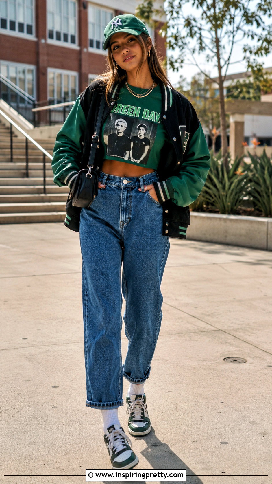 Green Day Crop Top With Varsity Jacket - 25 Green Day Crop Top outfit ideas