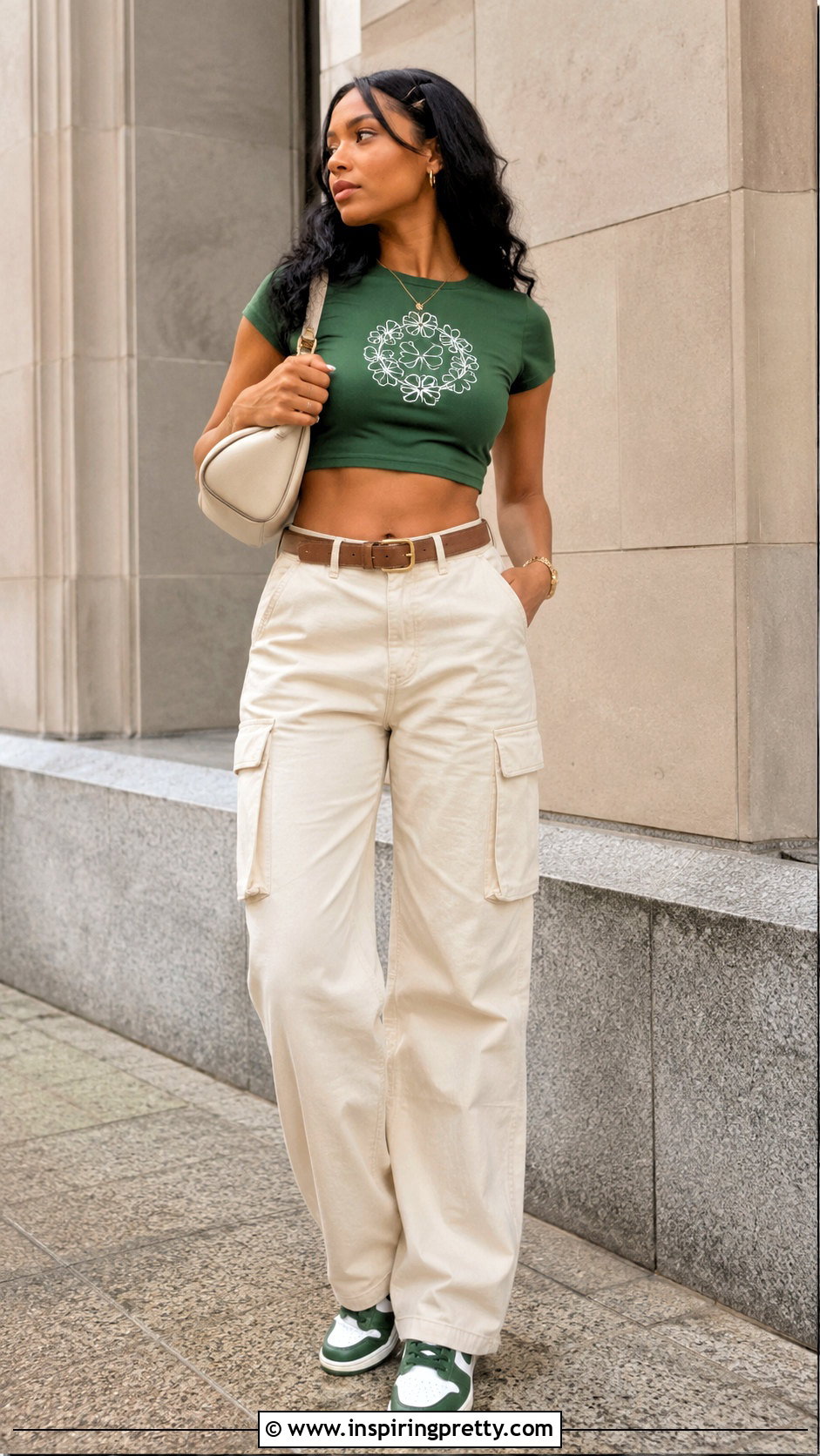 Green Denim Tears Crop Top With Cream Cargo Pants - 20 denim tears crop tops