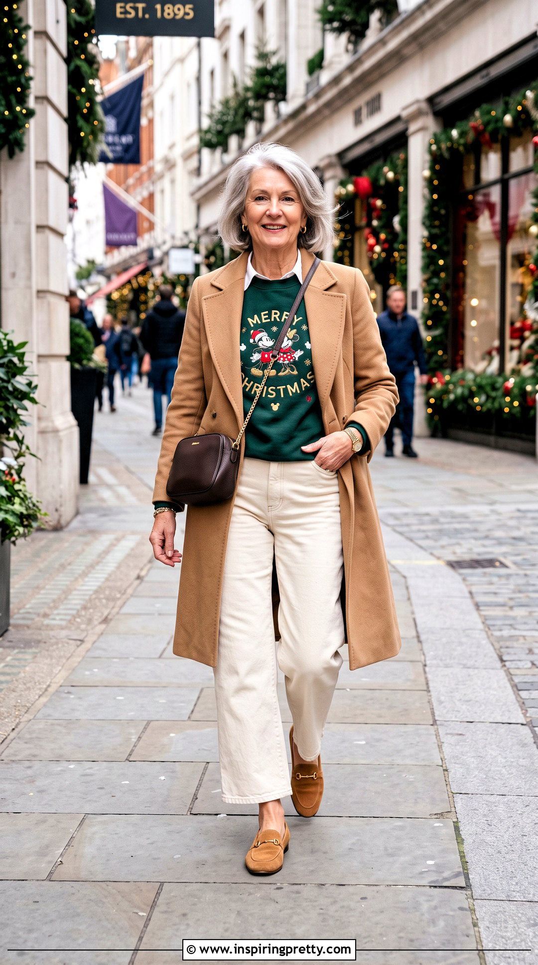 Green Disney Christmas Sweatshirt With Cream Jeans - 20 Disney Christmas Tops outfit ideas