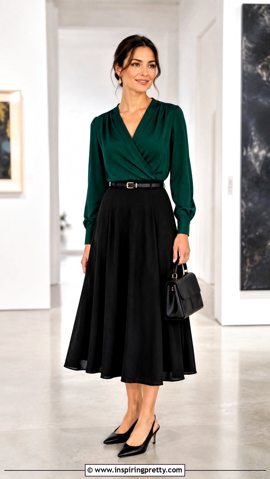 Green Envelope Top With a Black Midi Skirt - 20 green envelope tops outfit ideas