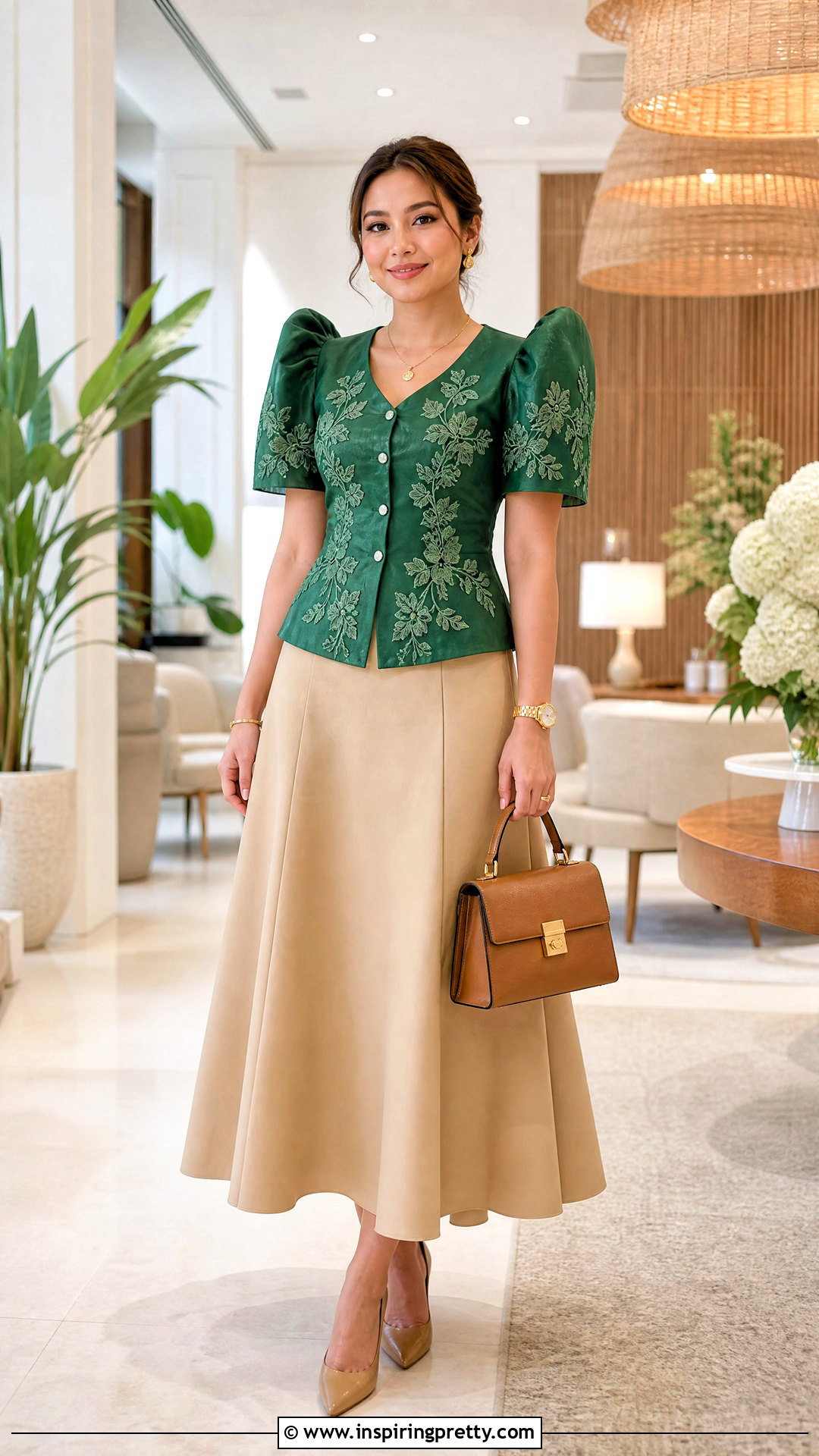 Green Filipiniana Top With Beige Skirt - 50 filipiniana top outfit ideas