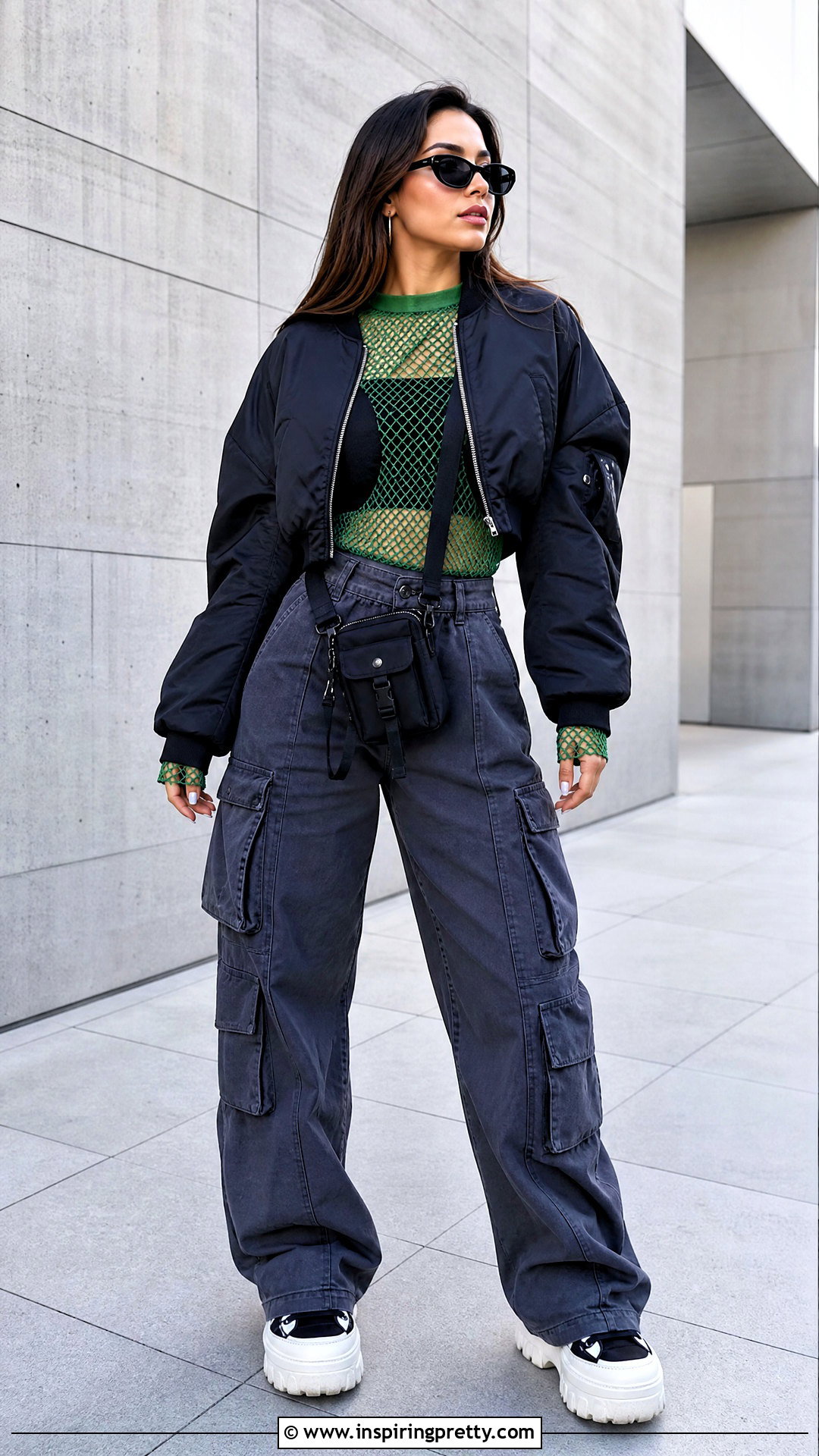 Green Fishnet Top With Cargo Pants - 50 fishnet top outfit ideas