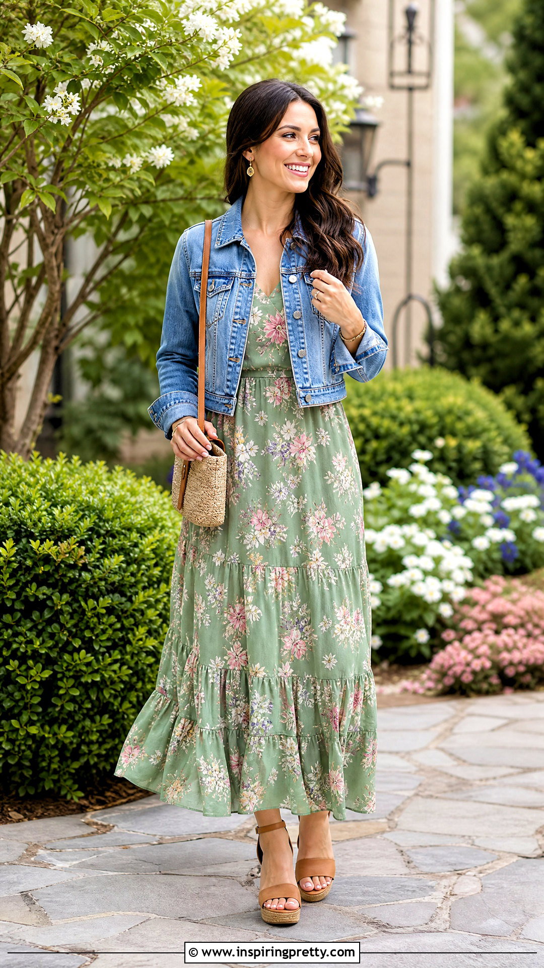Green Floral Maxi Dress With Denim Jacket Outfit - 50 top verde outfit ideas