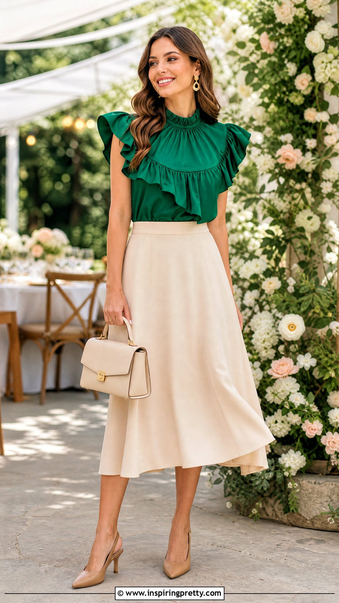 Green Frill Top With Cream Midi Skirt - 50 frill top outfit ideas