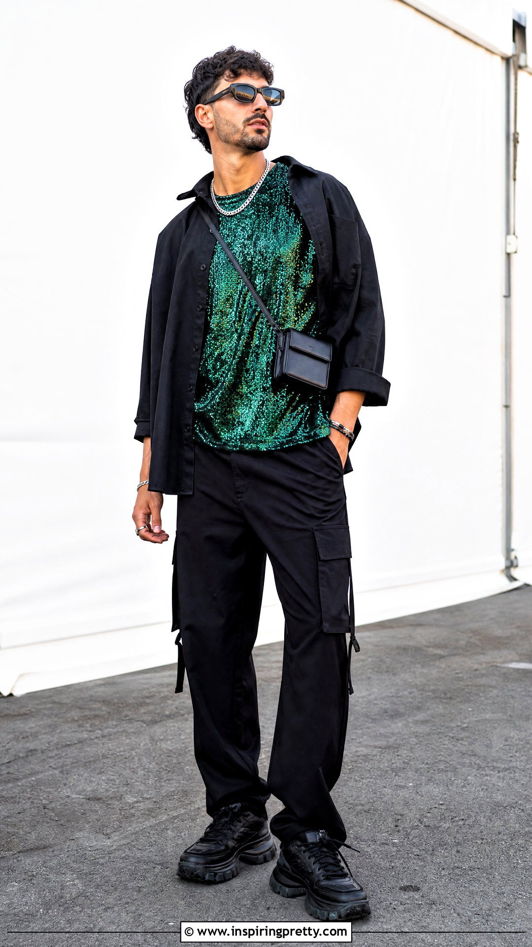 Green Glitter Top With Black Cargo Pants - 20 mens glitter tops