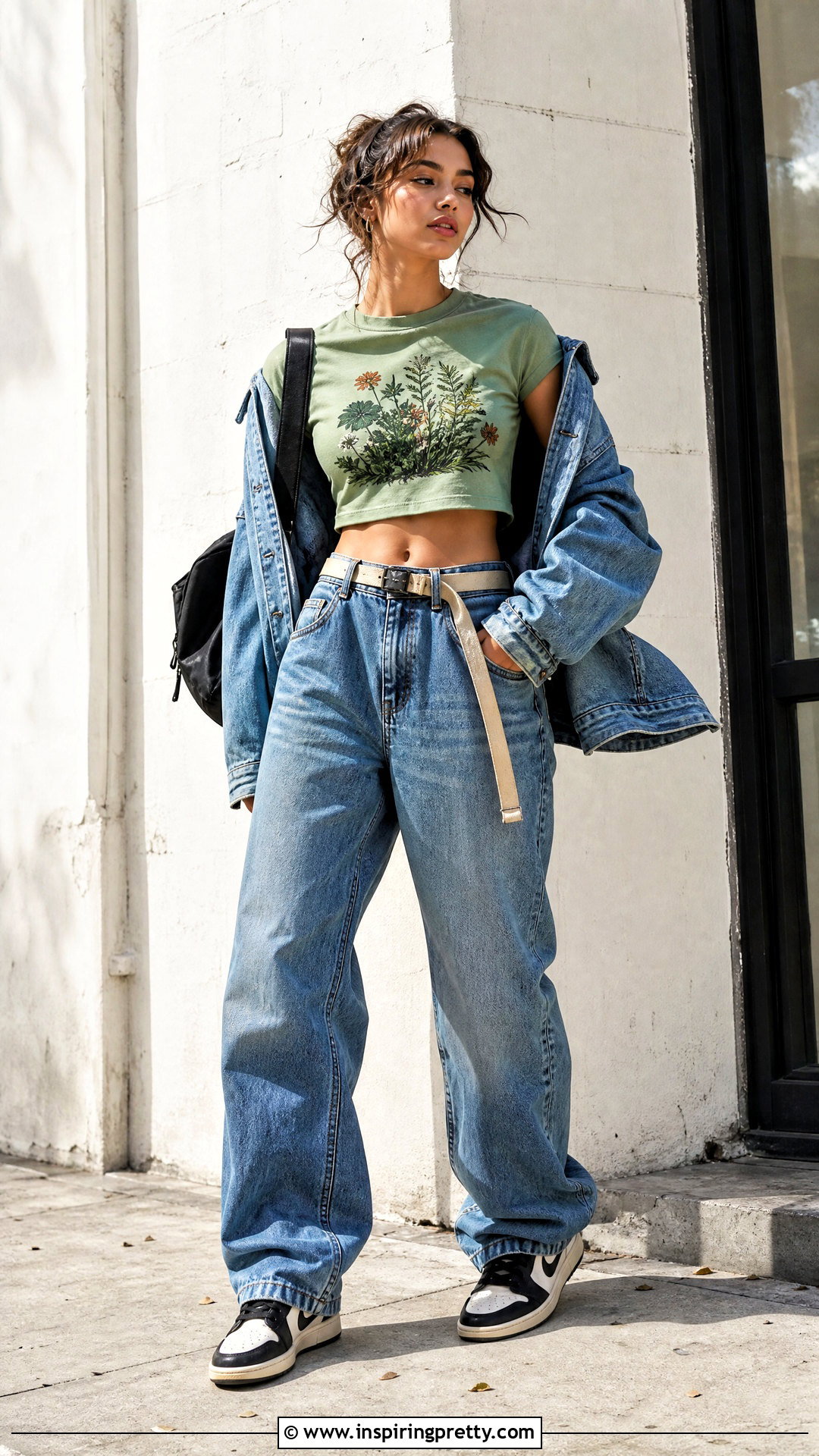 Green Graphic Crop Top With Baggy Jeans - 25 Green Crop Top Aesthetic ideas