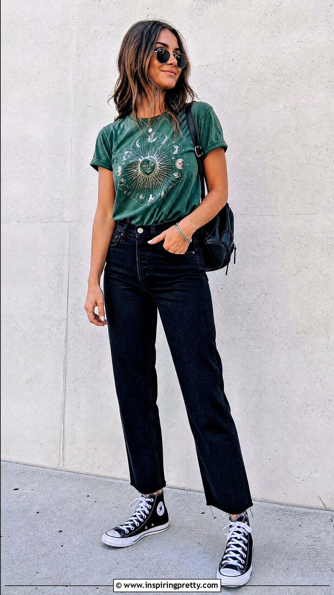 Green Graphic T Shirt With Black Jeans - 50 green top and jeans outfit ideas