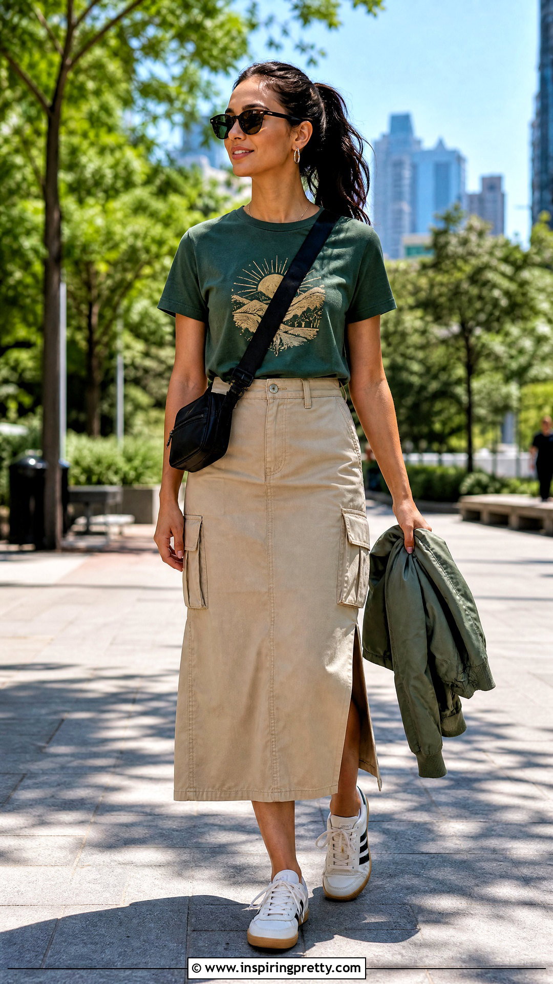 Green Graphic Tee With Utility Skirt - 20 Green Top Fashion Style outfit ideas