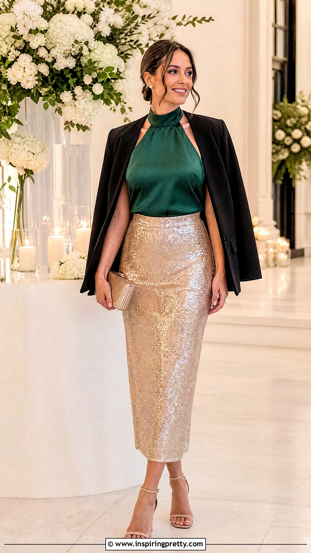 Green Halter Top With Sequin Midi Skirt - 50 green halter top outfit ideas