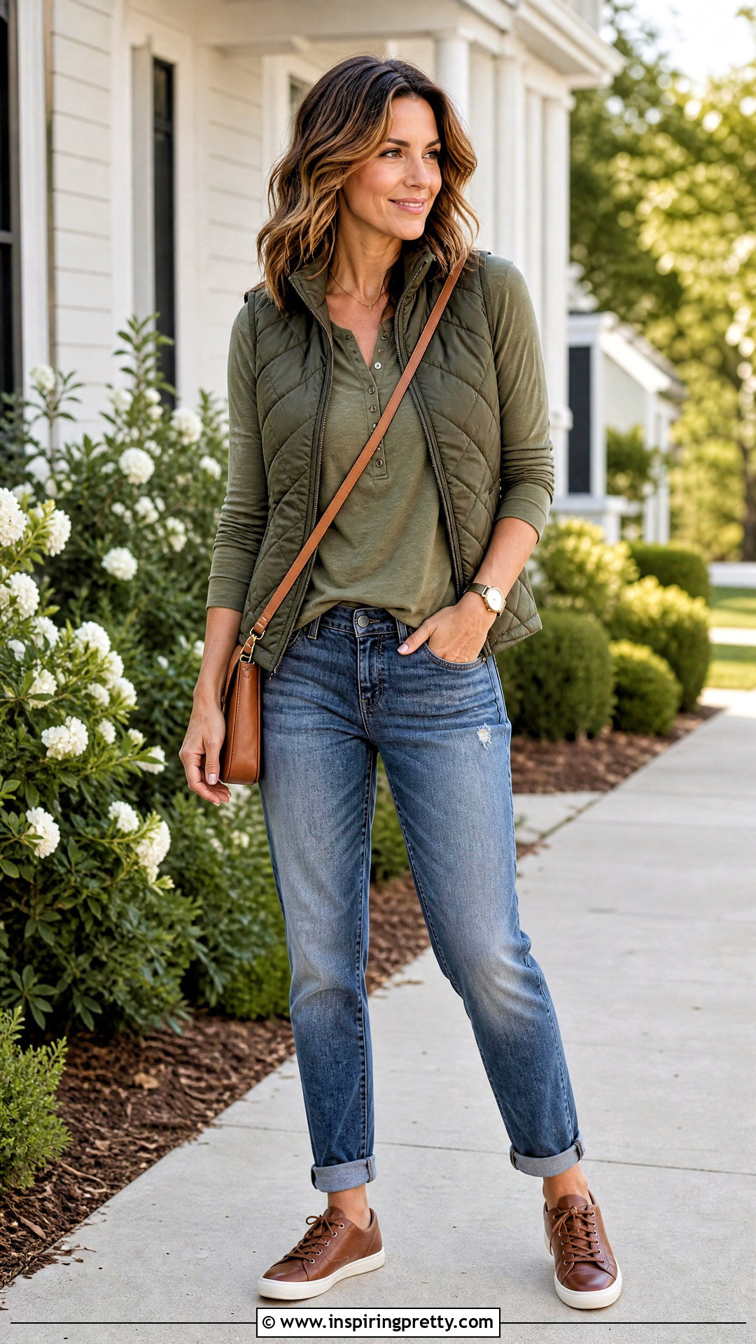 Green Henley Top With Boyfriend Jeans - 50 green tops outfit ideas