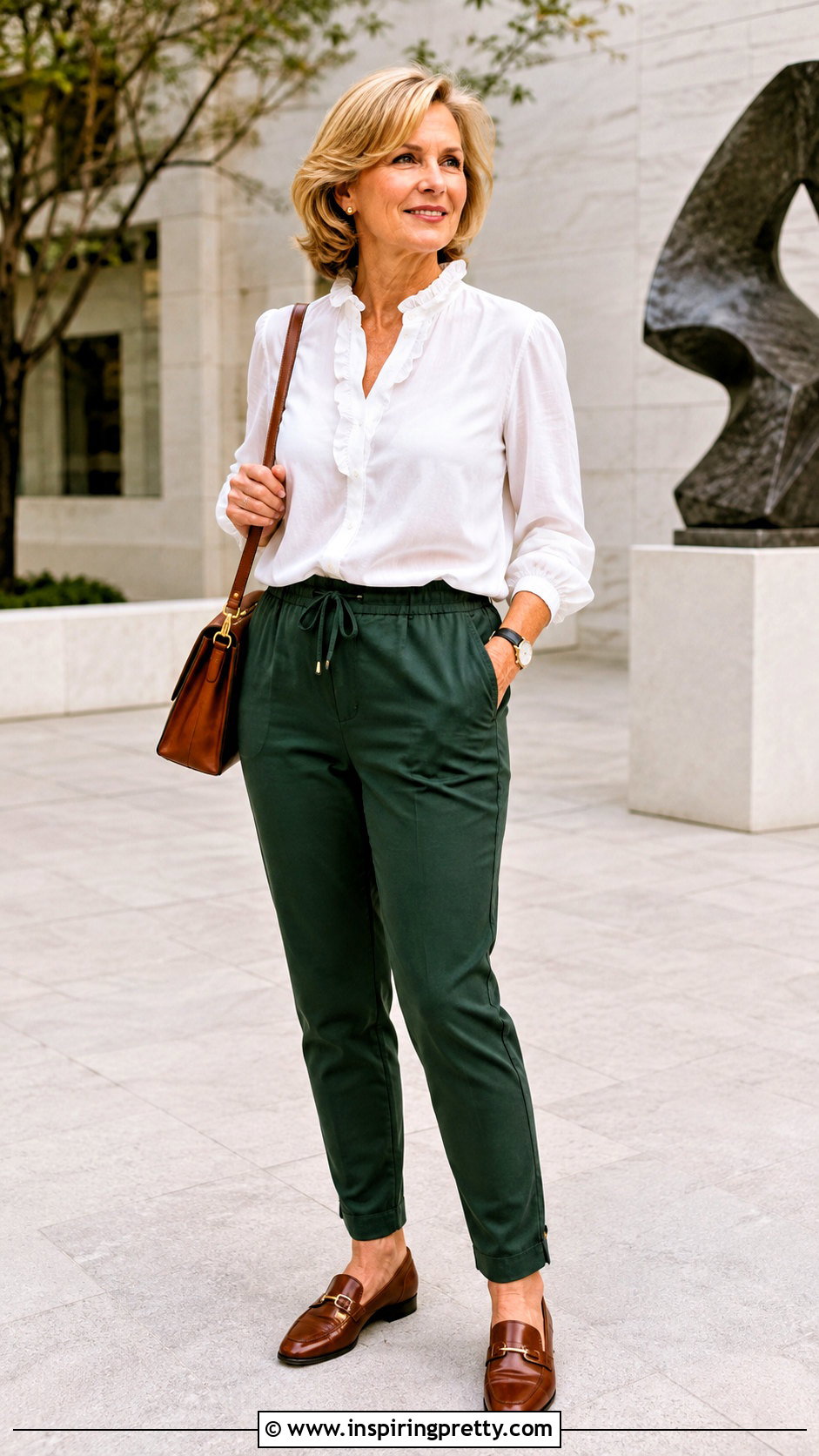 Green Joggers With White Ruffle Neck Blouse - 25 joggers and a nice top outfit ideas