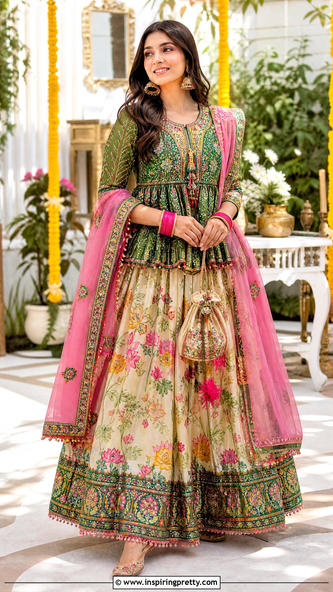 Green Kediyu With Floral Lehenga - 50 Kediyu Top For Navratri outfit ideas