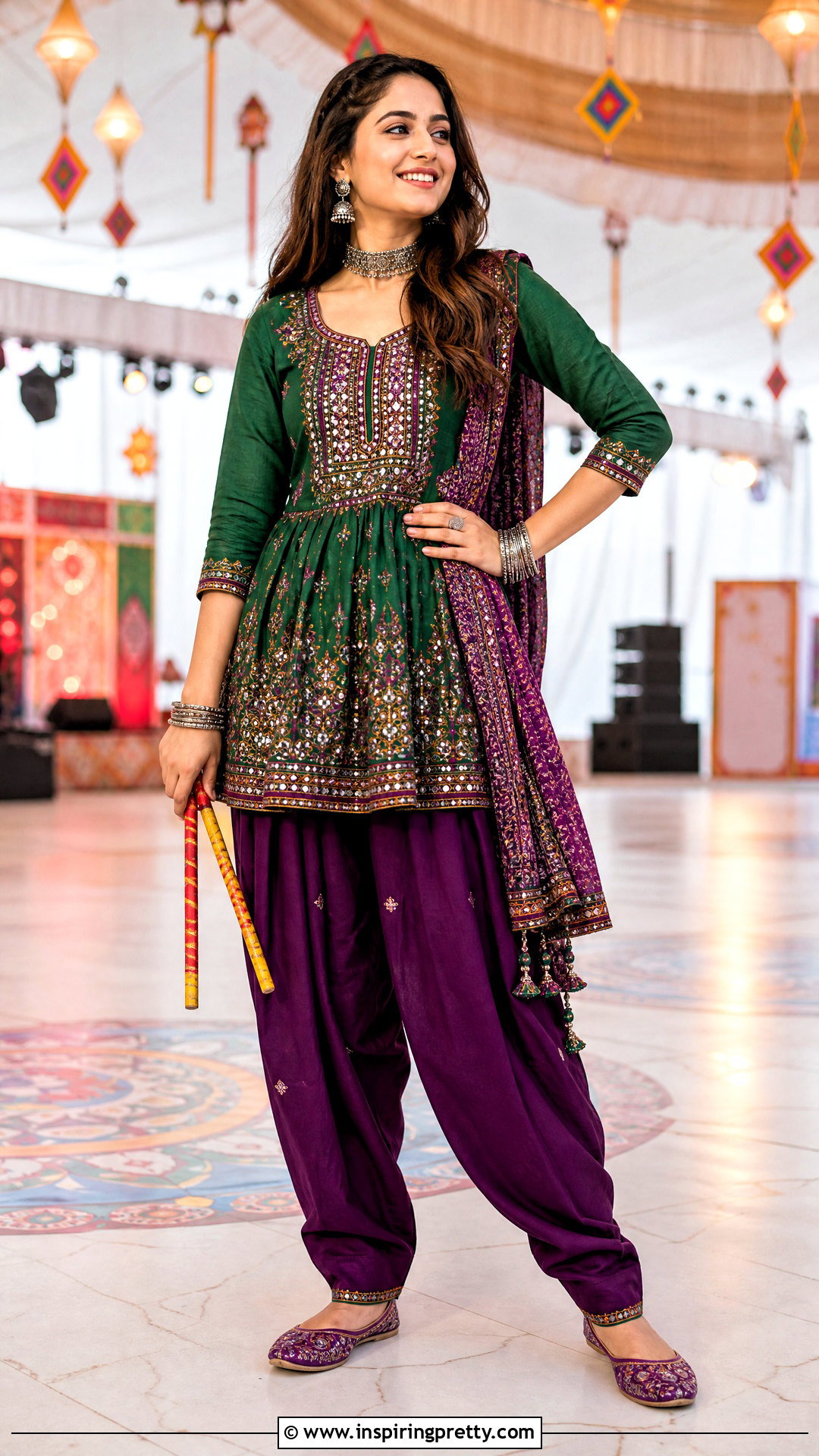 Green Kediyu With Purple Dhoti Pants - 50 Kediyu Top For Navratri outfit ideas
