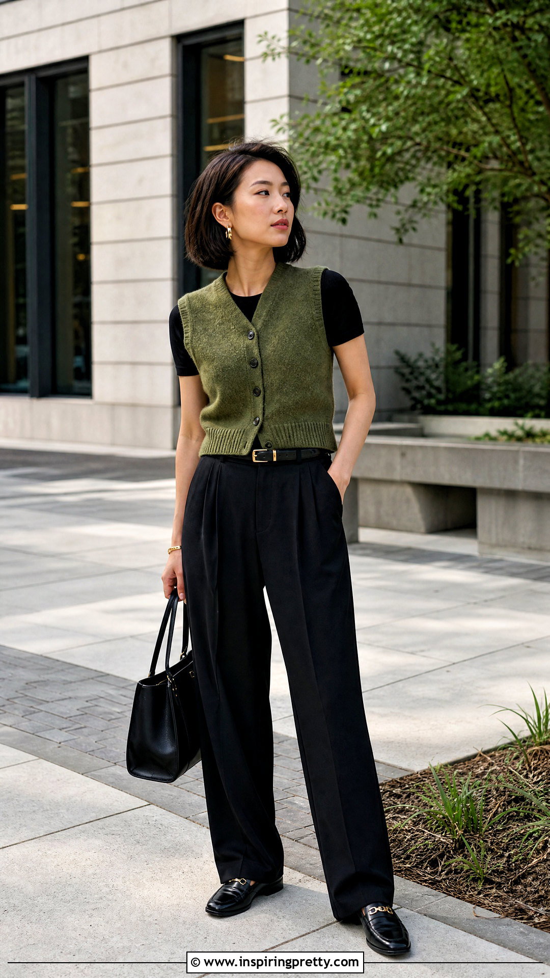 Green Knit Vest With Black Pleated Pants - 20 green and black fashion top outfit ideas