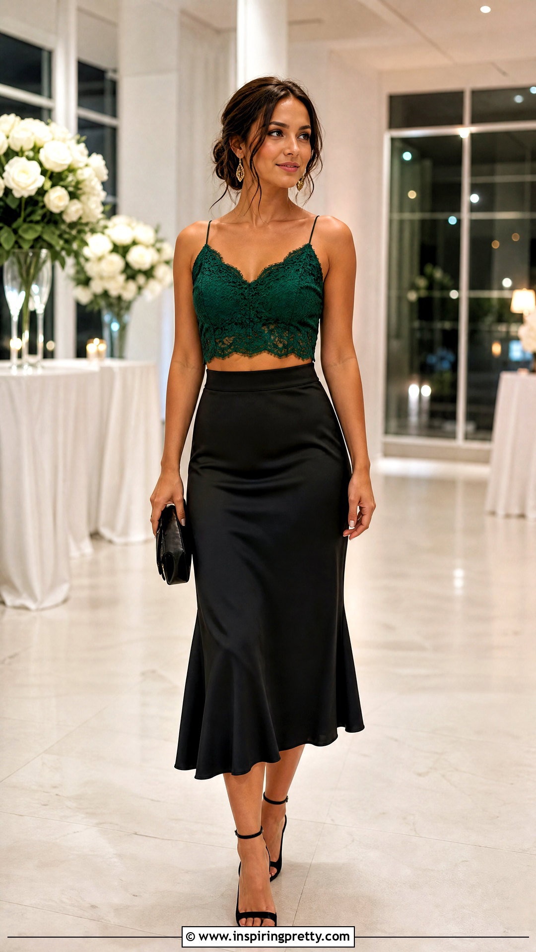 Green Lace Crop Top With Black Satin Skirt - 25 Green Lace Crop Top outfit ideas