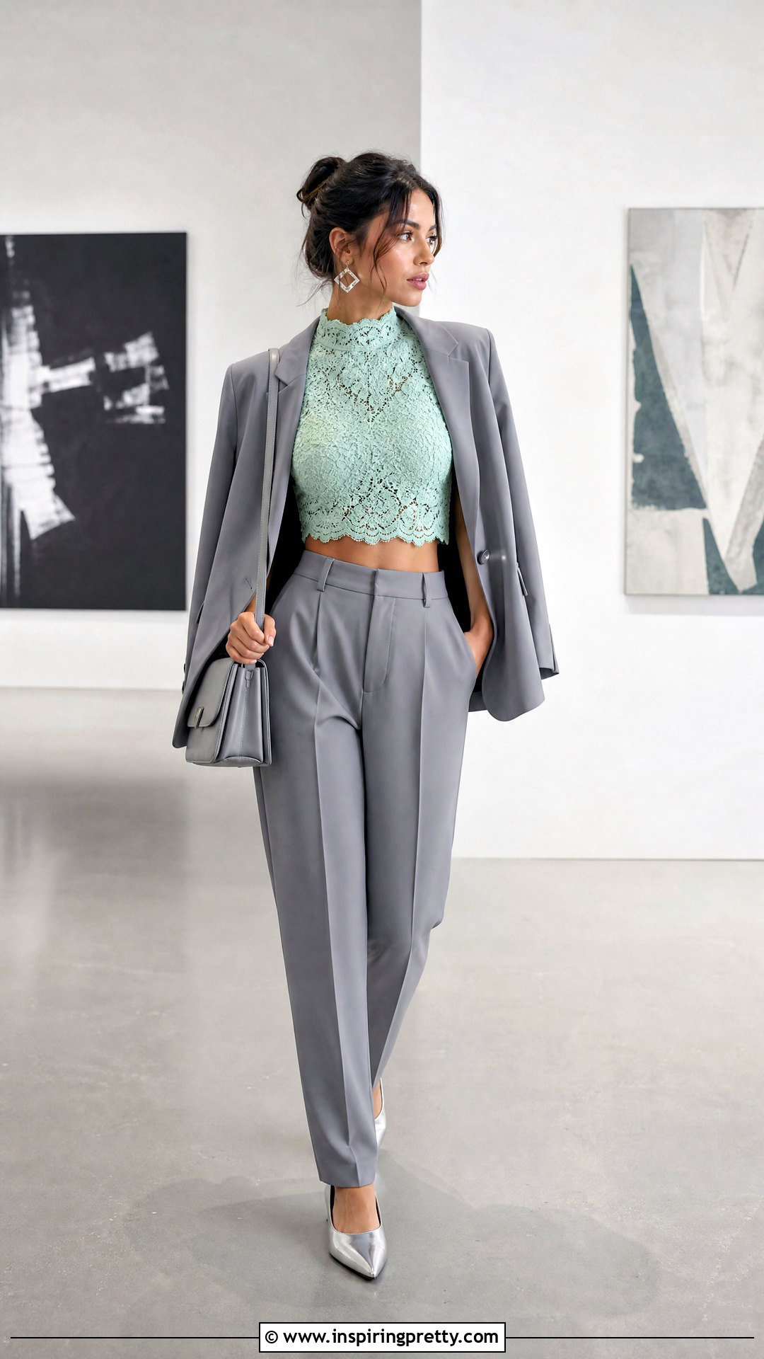 Green Lace Crop Top With Gray Trousers - 25 Green Lace Crop Top outfit ideas