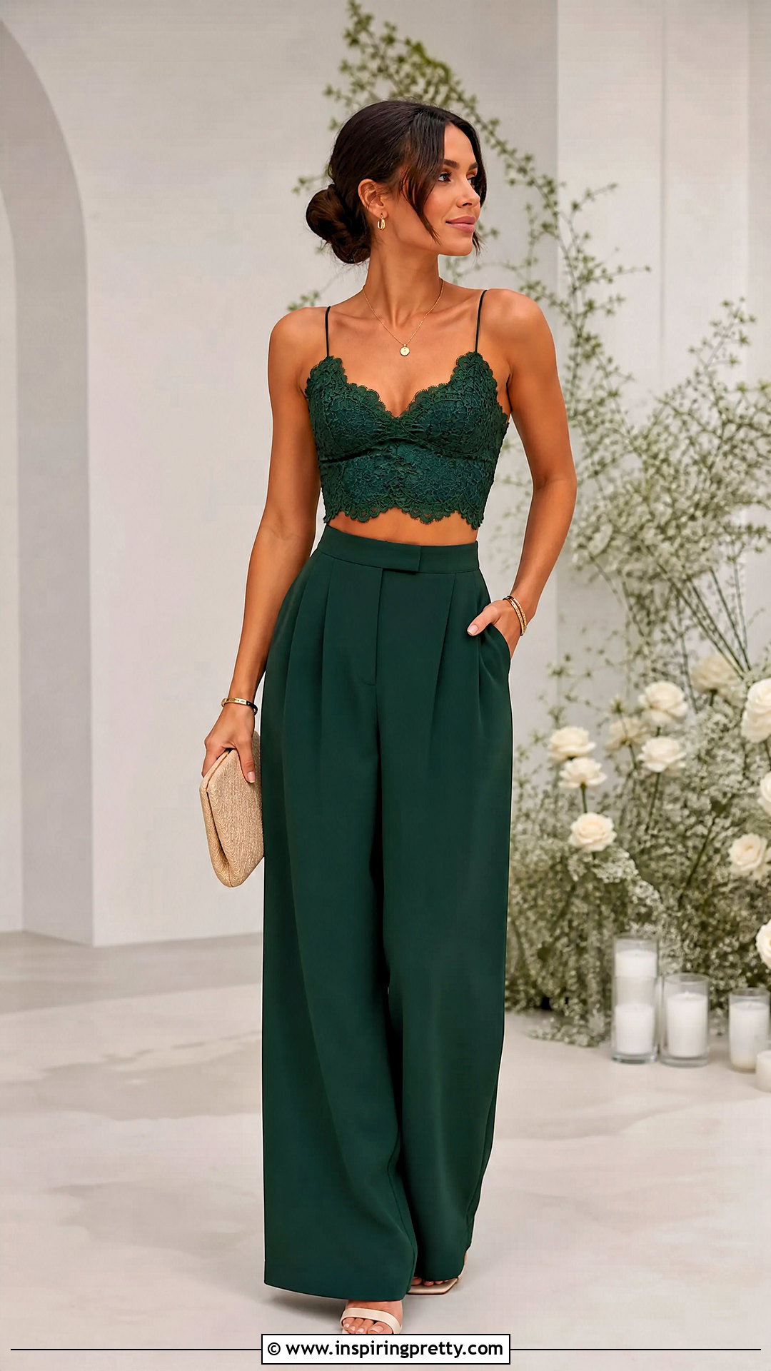 Green Lace Crop Top With Matching Green Pants - 25 Green Lace Crop Top outfit ideas