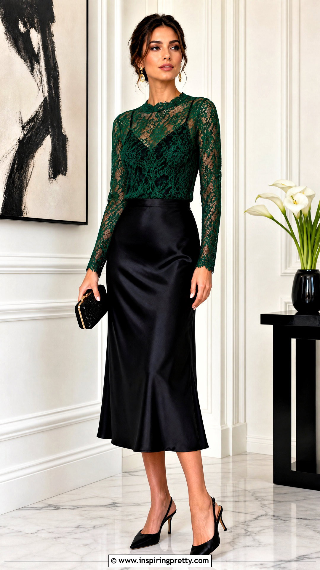 Green Lace Knit Top With Black Satin Midi Skirt - 20 green lace knit top outfit ideas