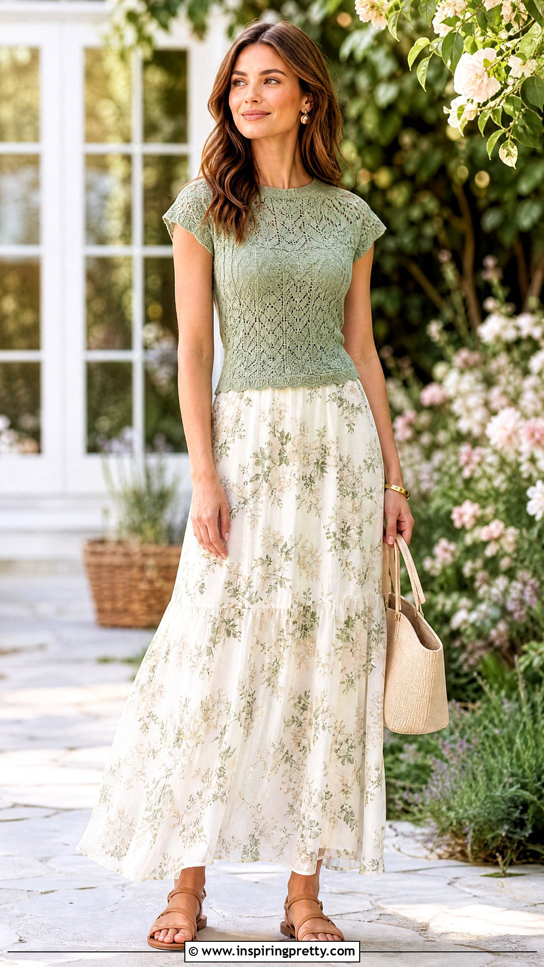 Green Lace Knit Top With Floral Maxi Skirt - 20 green lace knit top outfit ideas