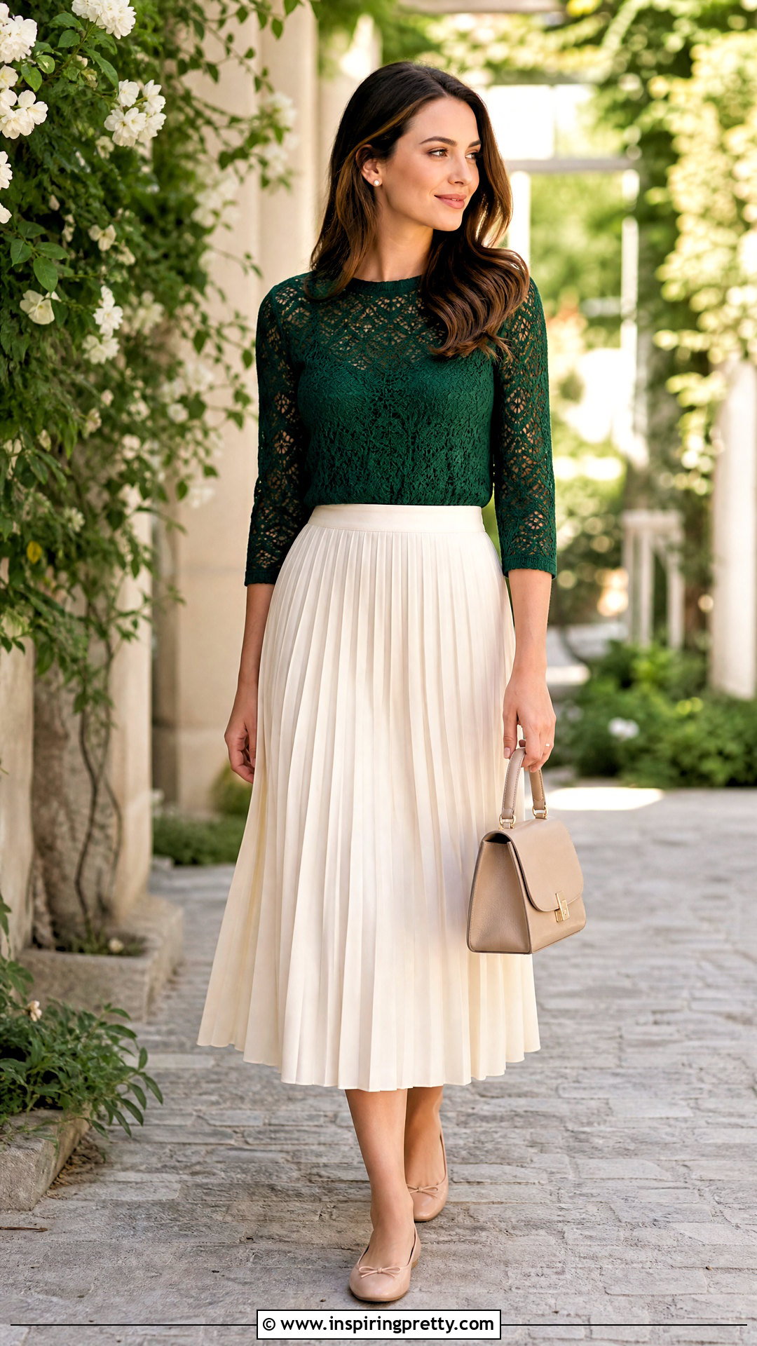 Green Lace Knit Top With Pleated Midi Skirt - 20 green lace knit top outfit ideas