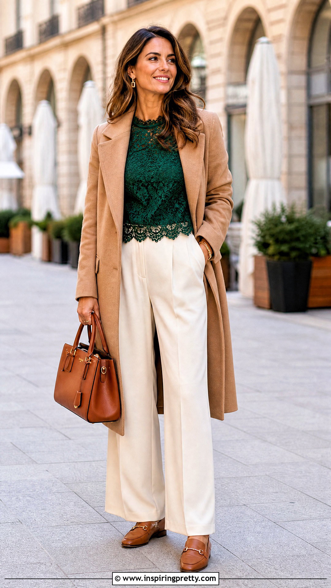 Green Lace Layering Top With Cream Pants - 50 Lace Layering Top Outfit ideas