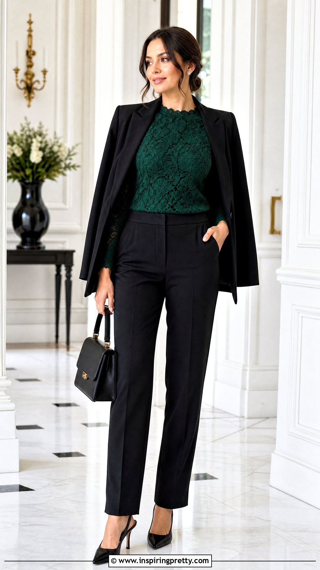 Green Lace Top With Black Trousers - 50 green tops outfit ideas