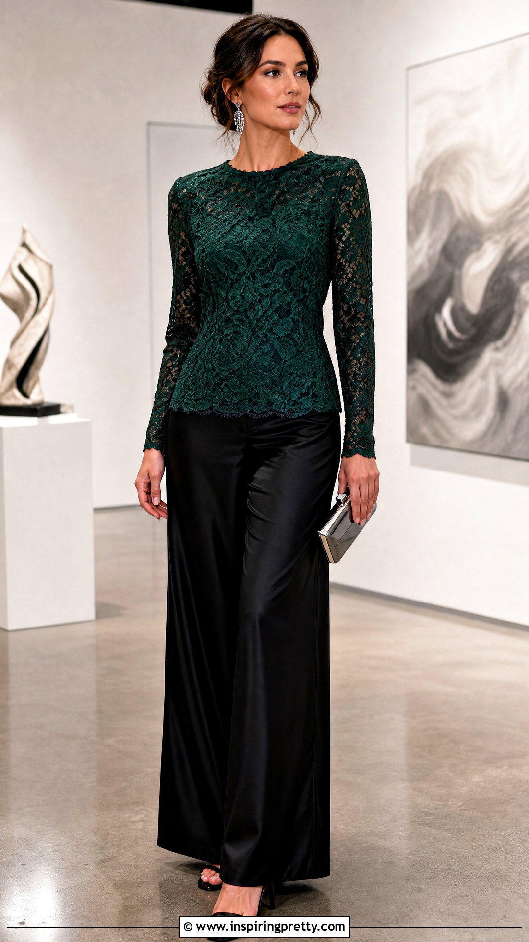 Green Lace Top With Satin Pants - 25 Fancy Green Top outfit ideas