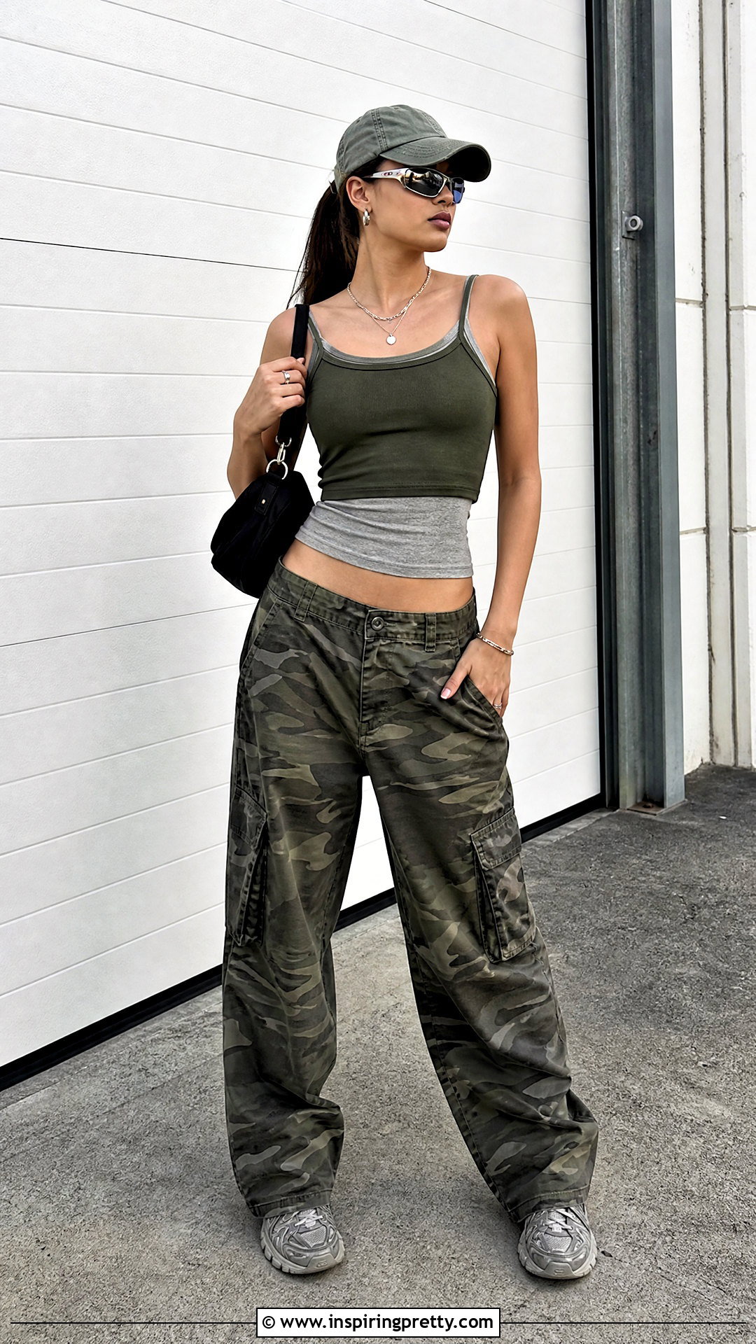 Green Layered Tank Top With Camo Cargo Pants And Trainers - 25 layered tank top y2k outfit ideas