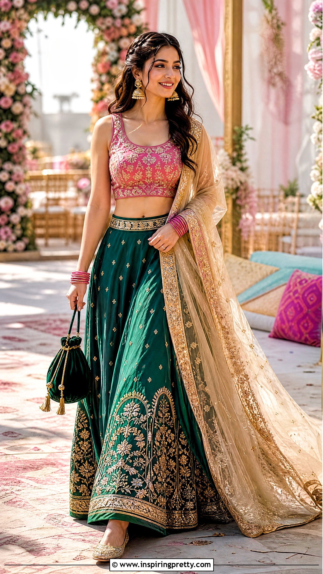 Green Lehenga Skirt With Pink Top - 50 traditional skirt and top outfits
