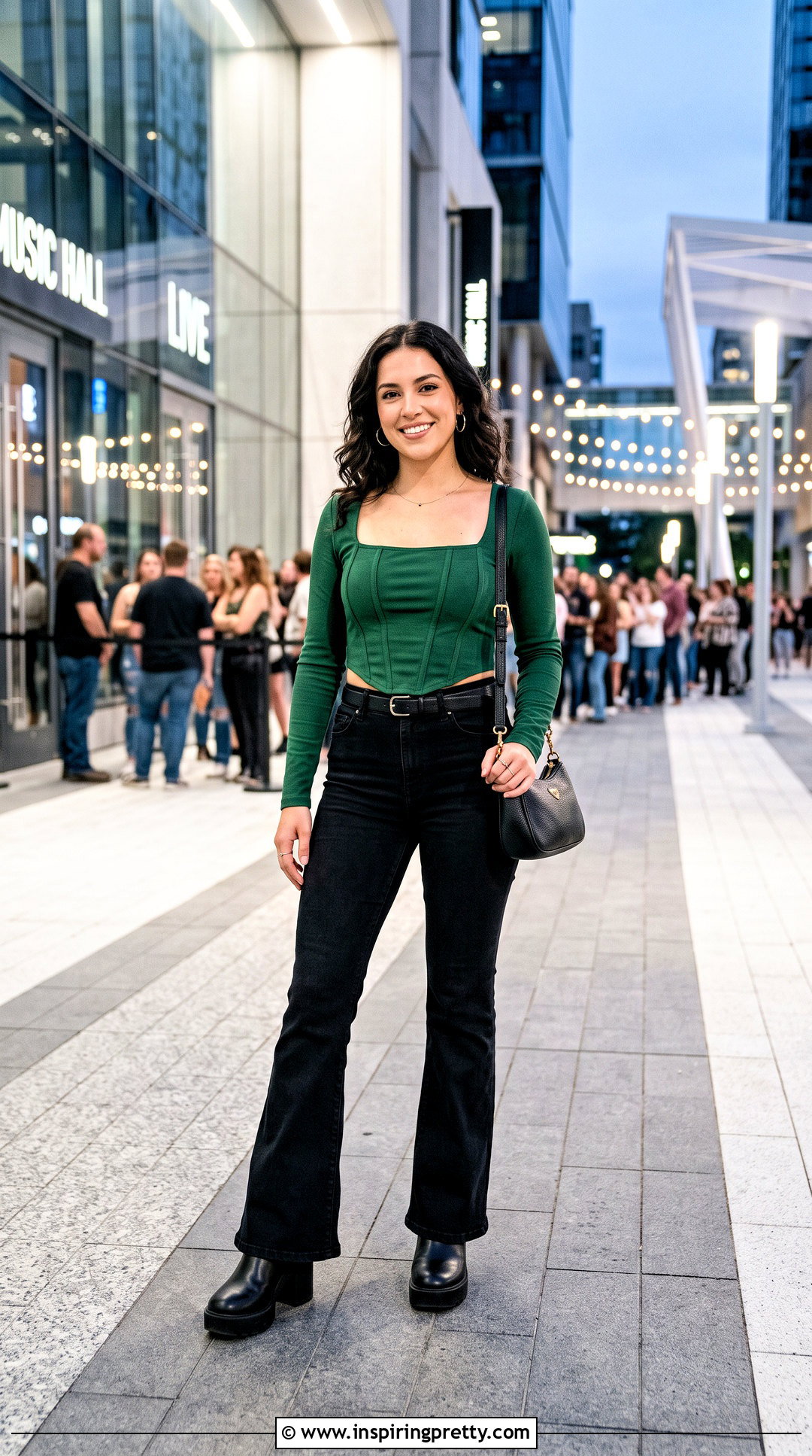 Green Long Sleeve Corset Top With Black Flared Jeans - 20 Green Corset Top Long Sleeve outfit ideas