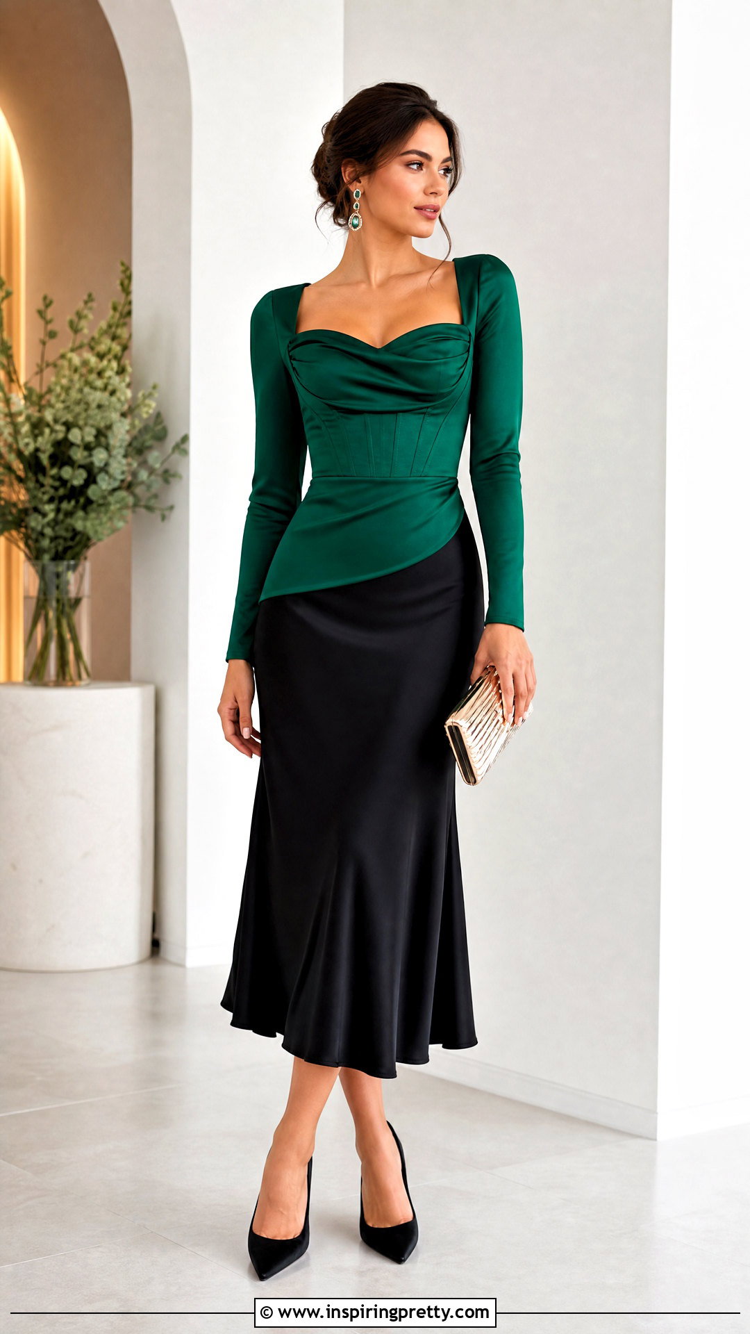 Green Long Sleeve Corset Top With Black Satin Skirt - 20 Green Corset Top Long Sleeve outfit ideas