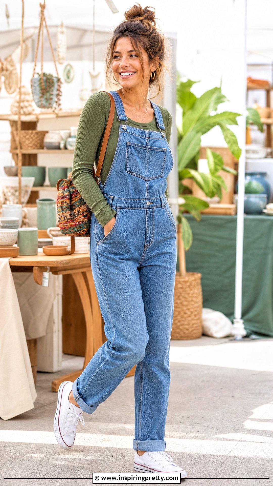 Green Long Sleeve Top With Denim Overalls - 25 Cute Green Long Sleeve Top outfit ideas