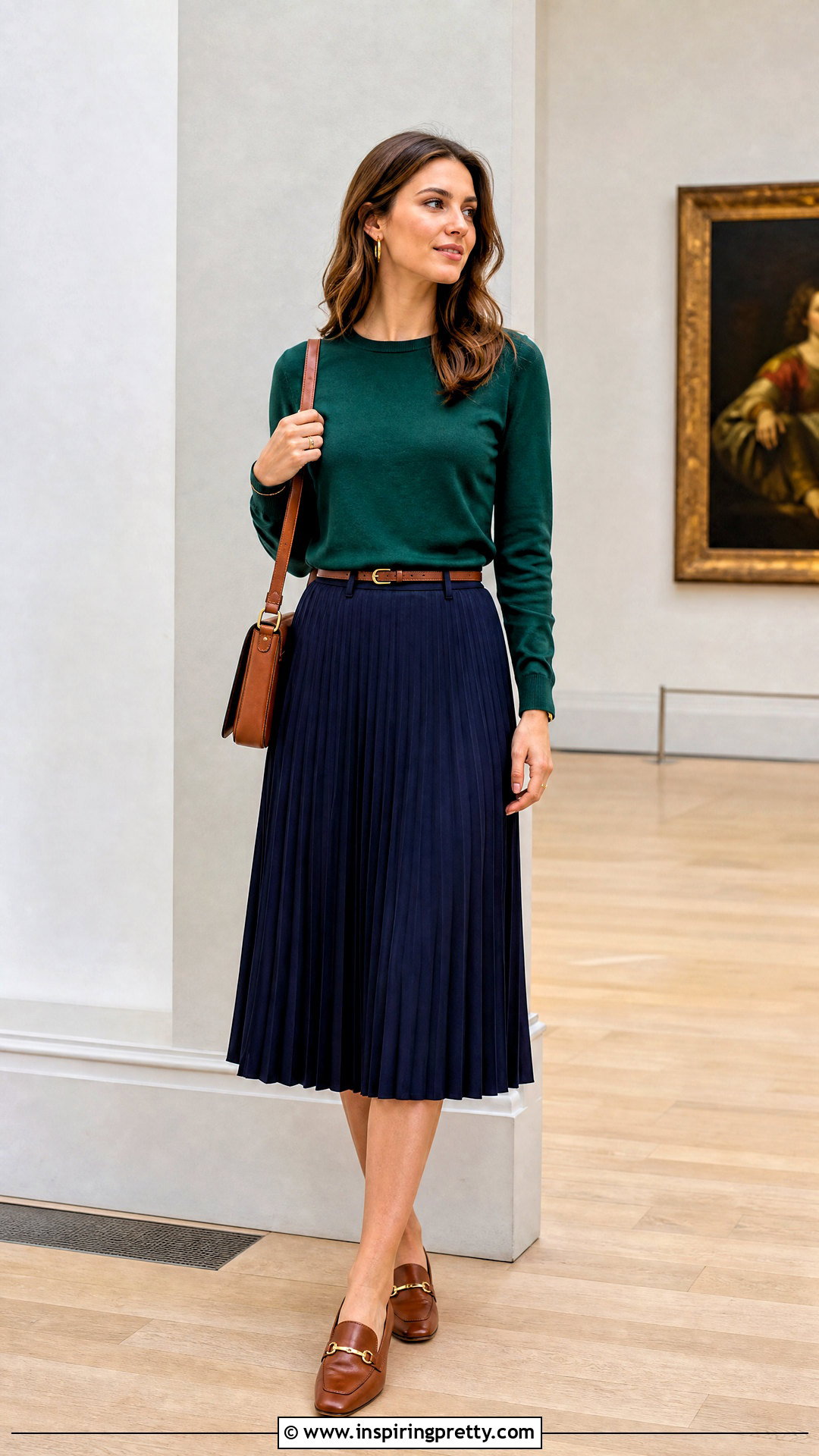 Green Long Sleeve Top With Navy Midi Skirt - 25 Cute Green Long Sleeve Top outfit ideas