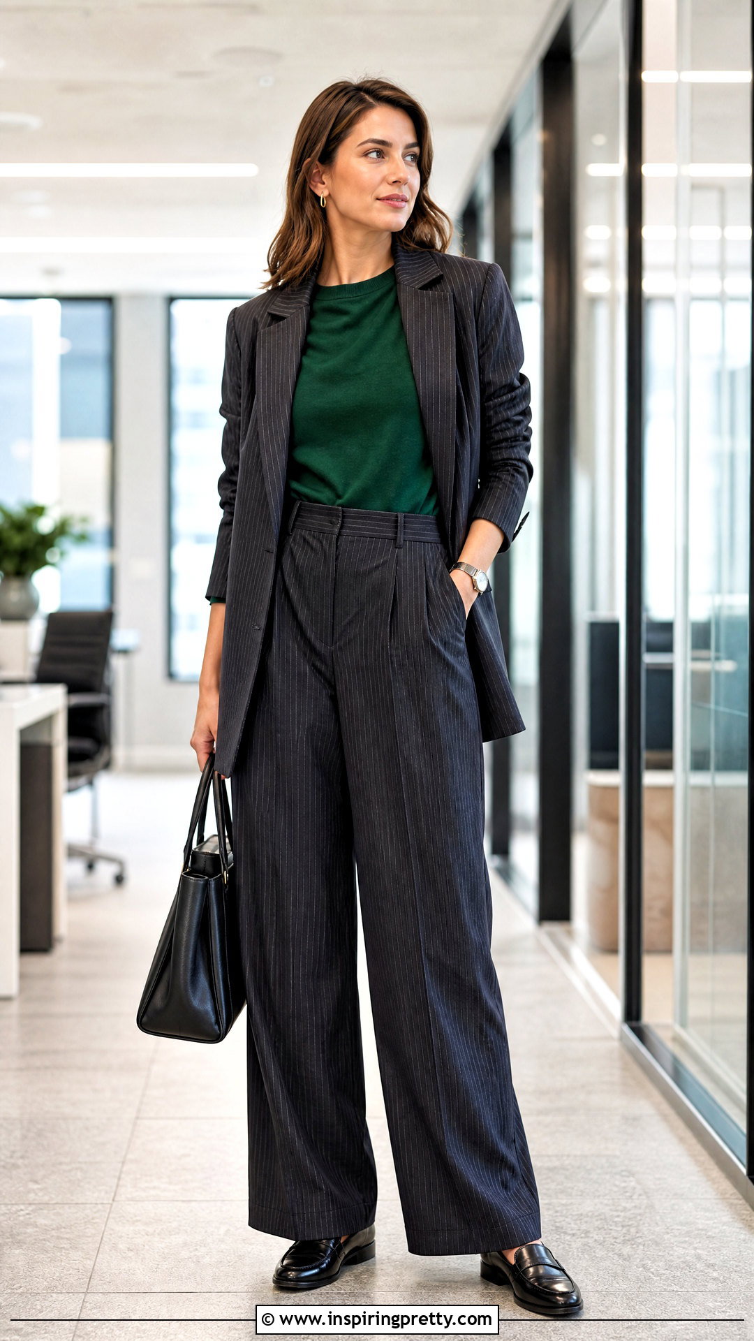 Green Long Sleeve Top With Pinstripe Trousers And Blazer - 25 Cute Green Long Sleeve Top outfit ideas